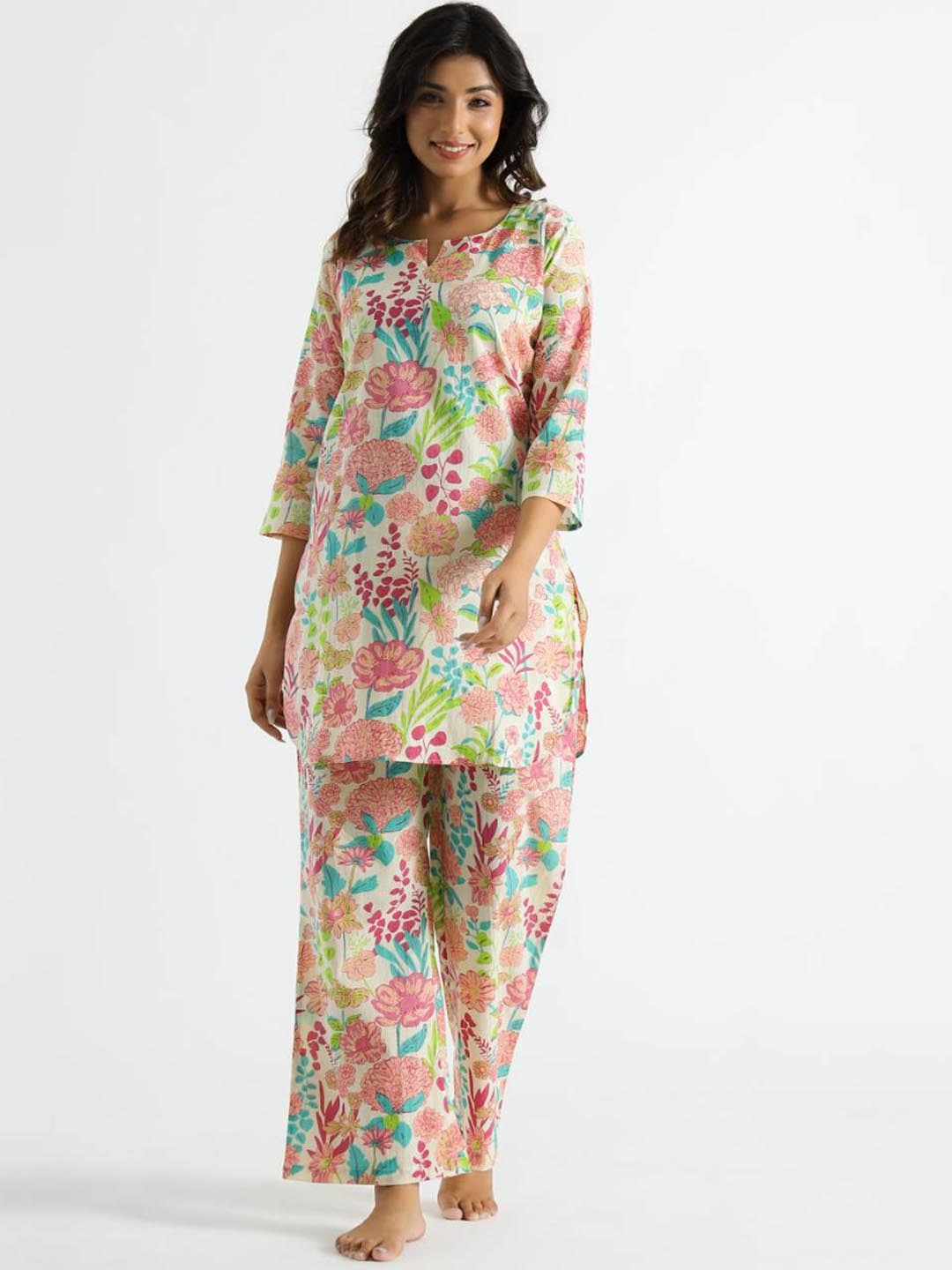 

FLAVIA CREATION Floral Printed Pure Cotton Top With Pyjamas, Pink