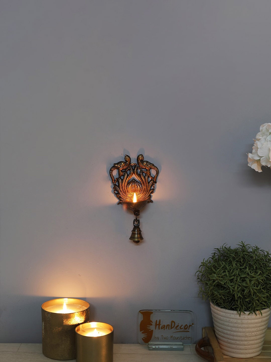 Two Moustaches Brown Twin Peacock With Bell Wall Hanging Diya