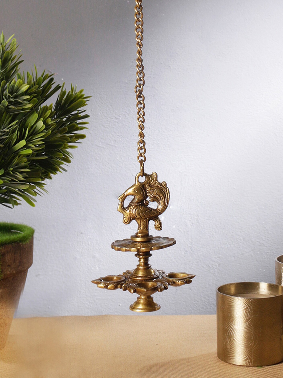 Two Moustaches Yellow Peacock Design 4 Oil Wick Brass Hanging Diya