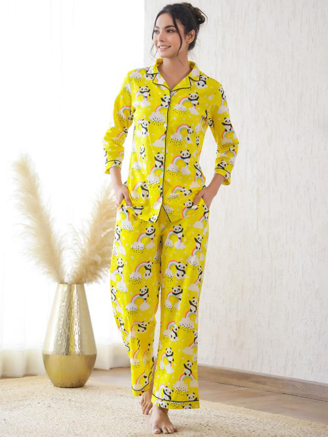 

FLAVIA CREATION Conversational Printed Pure Cotton Night Suit, Yellow