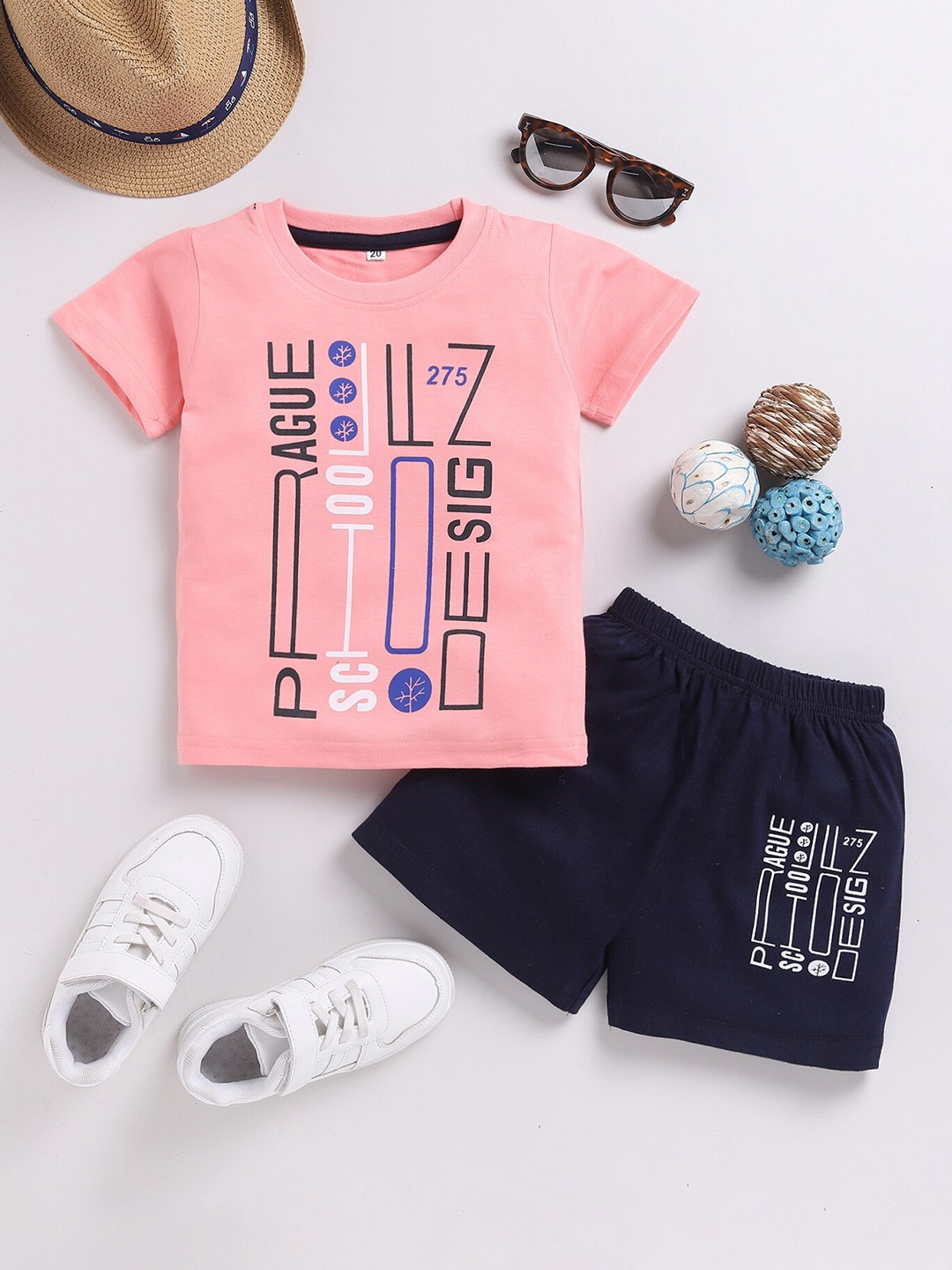 

carrydreams Boys Printed Pure Cotton T-shirt with Shorts, Peach