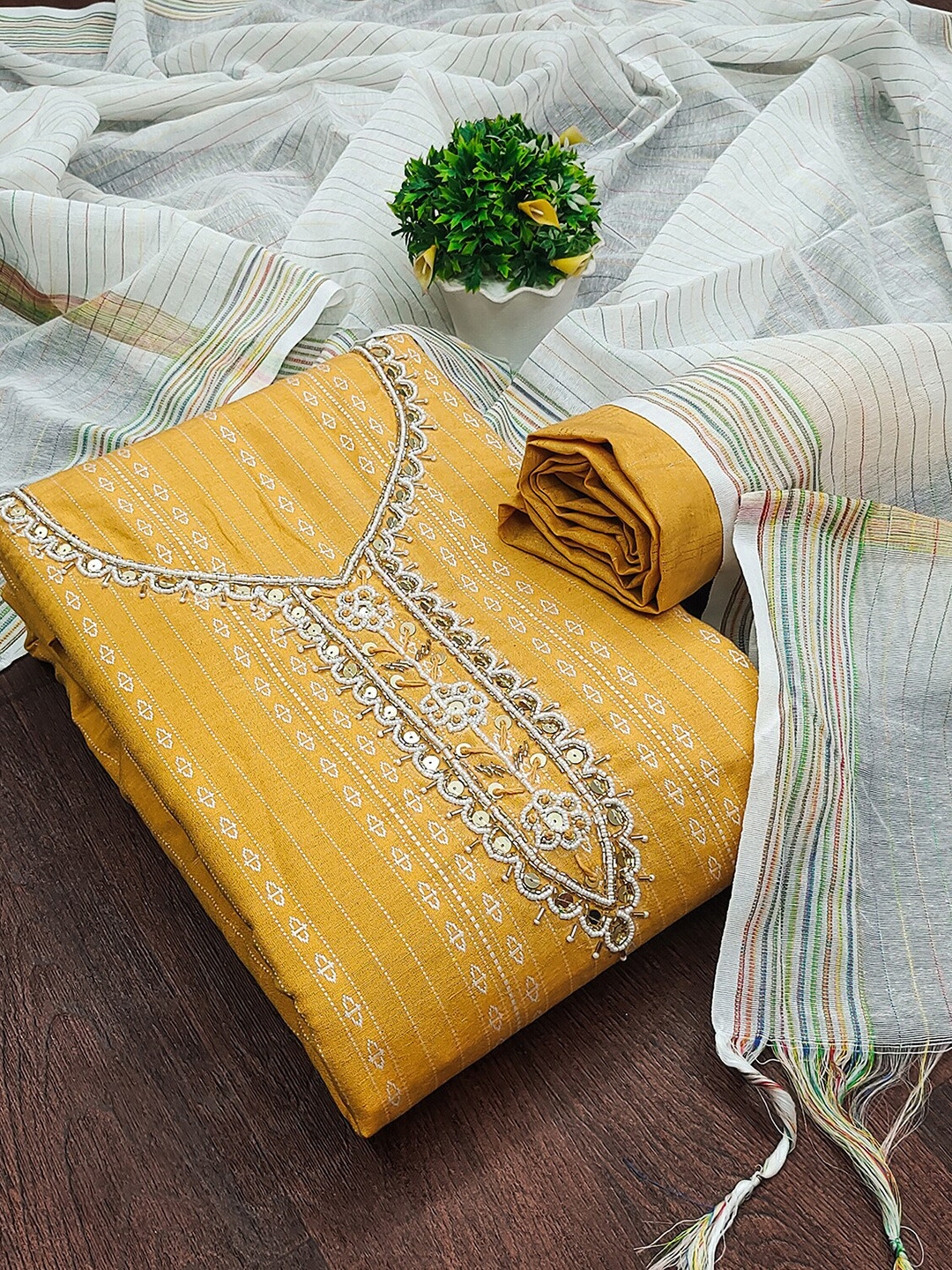 

Leeza Store Ethnic Motifs Printed Beads & Stones Unstitched Dress Material, Yellow