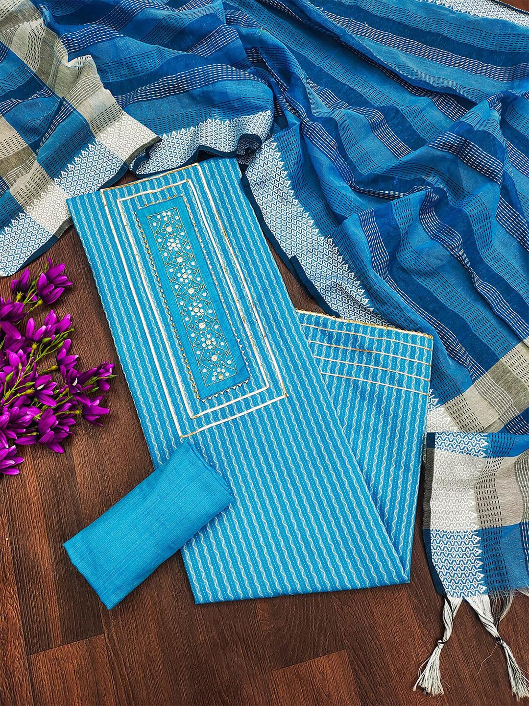

Leeza Store Ethnic Motifs Woven Design Gotta Patti Beads Stones Unstitched Dress Material, Blue