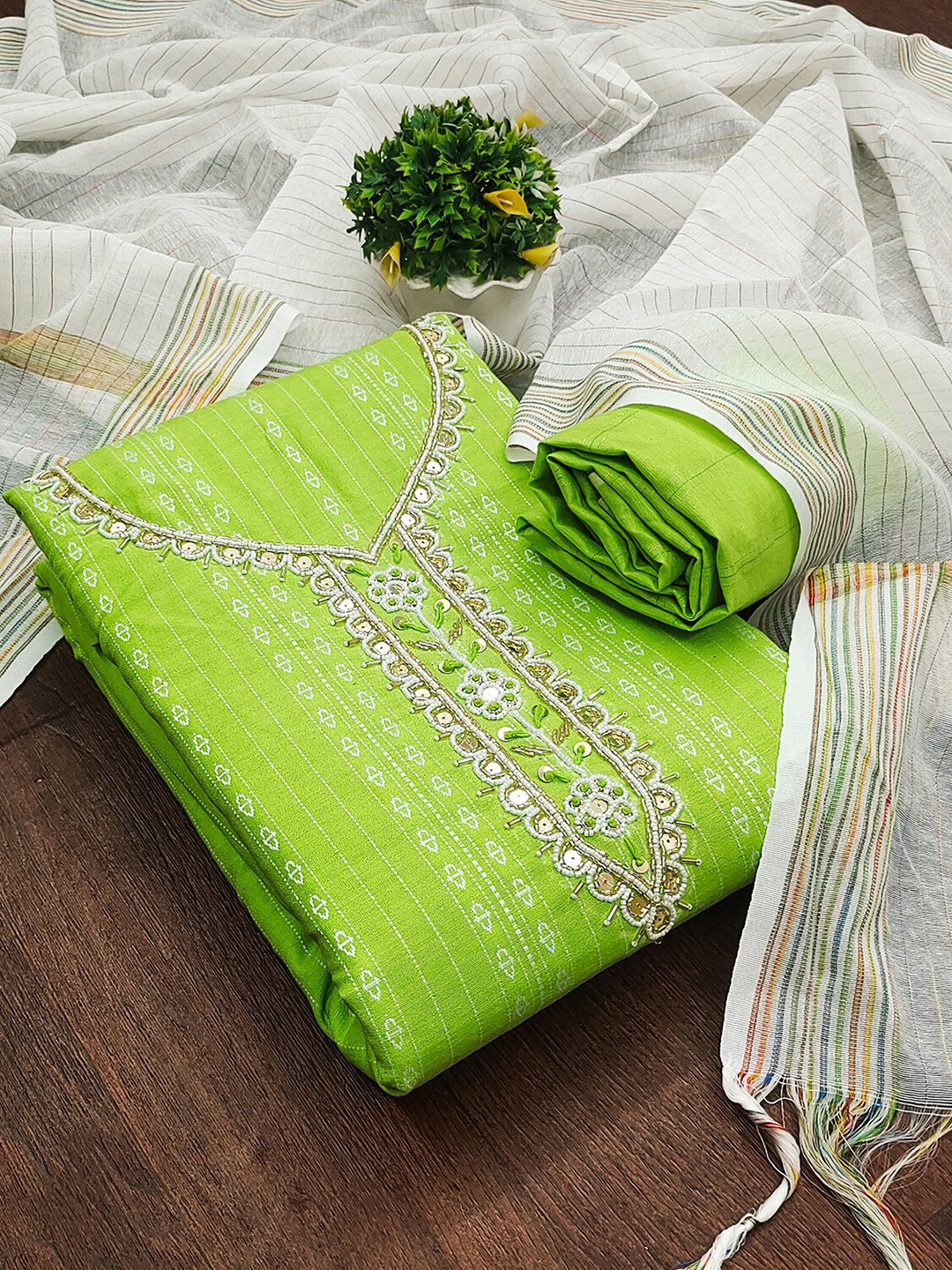 

Leeza Store Ethnic Motifs Printed Beads & Stones Unstitched Dress Material, Green