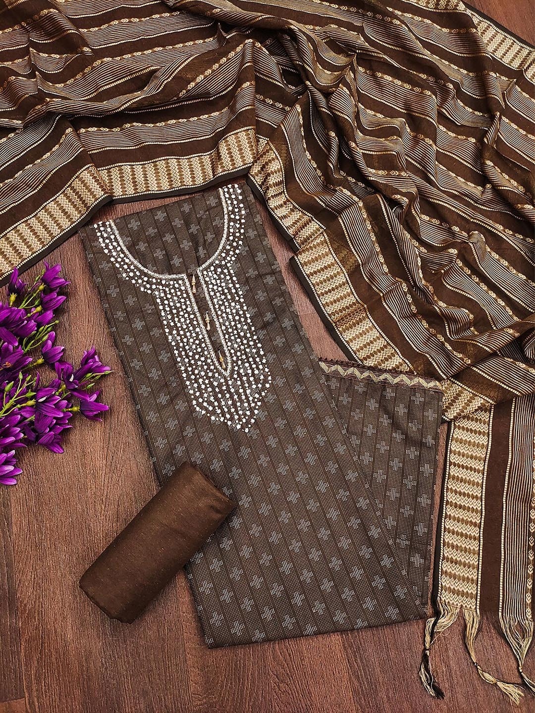 

Leeza Store Unstitched Dress Material, Brown