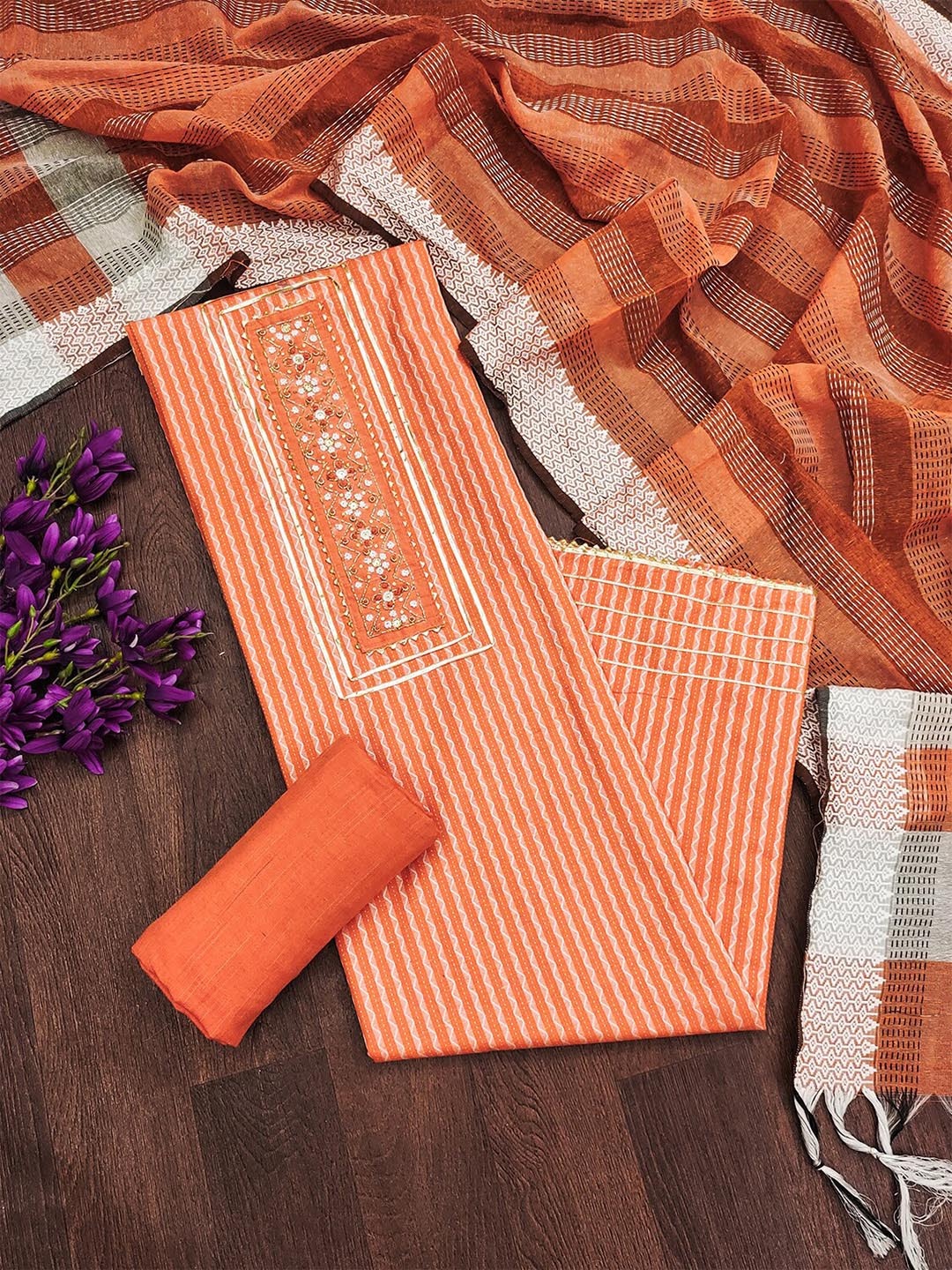 

Leeza Store Ethnic Motifs Woven Design Gotta Patti Beads Stones Unstitched Dress Material, Orange