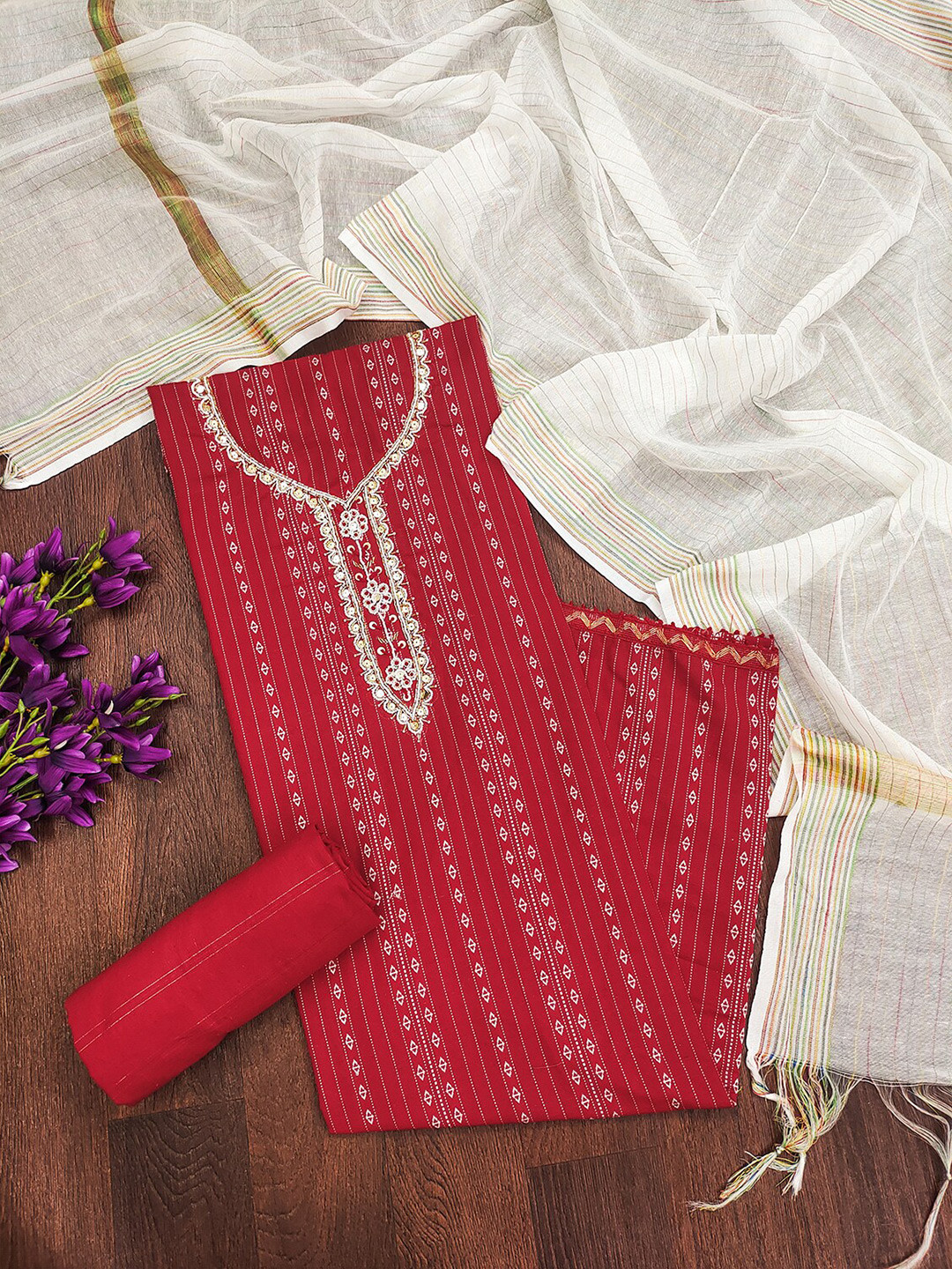 

Leeza Store Ethnic Motifs Printed Beads & Stones Unstitched Dress Material, Red
