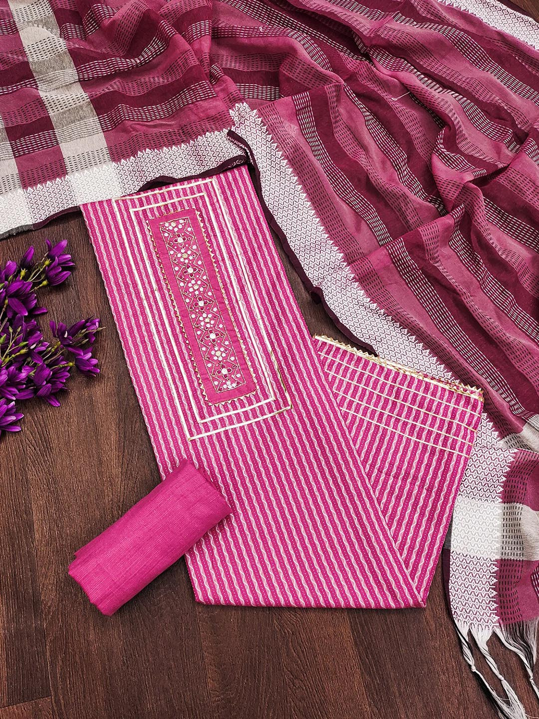 

Leeza Store Ethnic Motifs Woven Design Gotta Patti Beads Stones Unstitched Dress Material, Pink