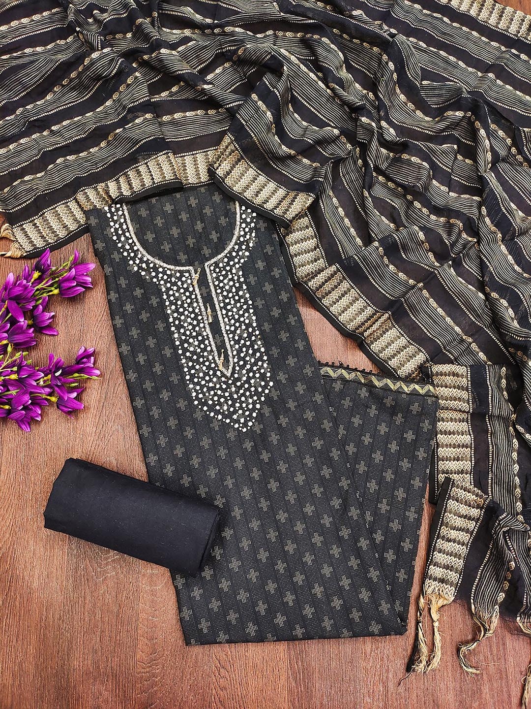 

Leeza Store Ethnic Motifs Woven Design Beads & Stones Unstitched Dress Material, Grey