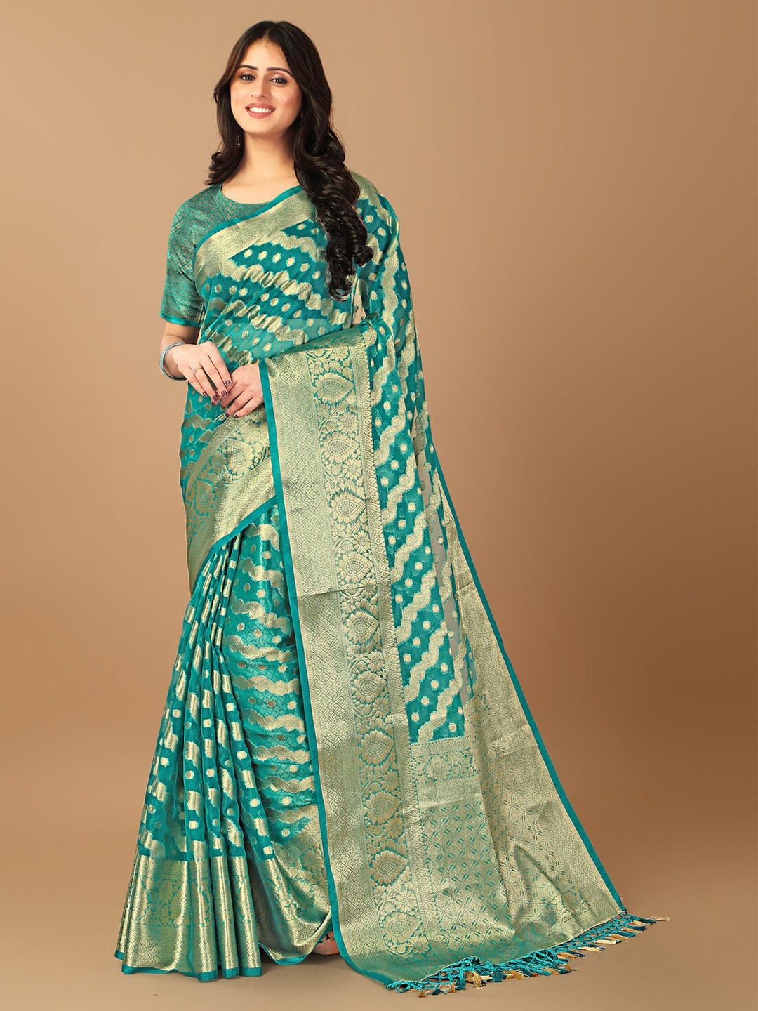 

ANISSA SAREE Ethnic Motifs Woven Design Zari Organza Banarasi Saree, Sea green