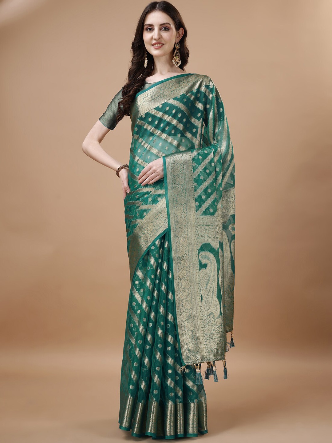 

ANISSA SAREE Ethnic Motifs Woven Design Zari Organza Banarasi Saree, Green