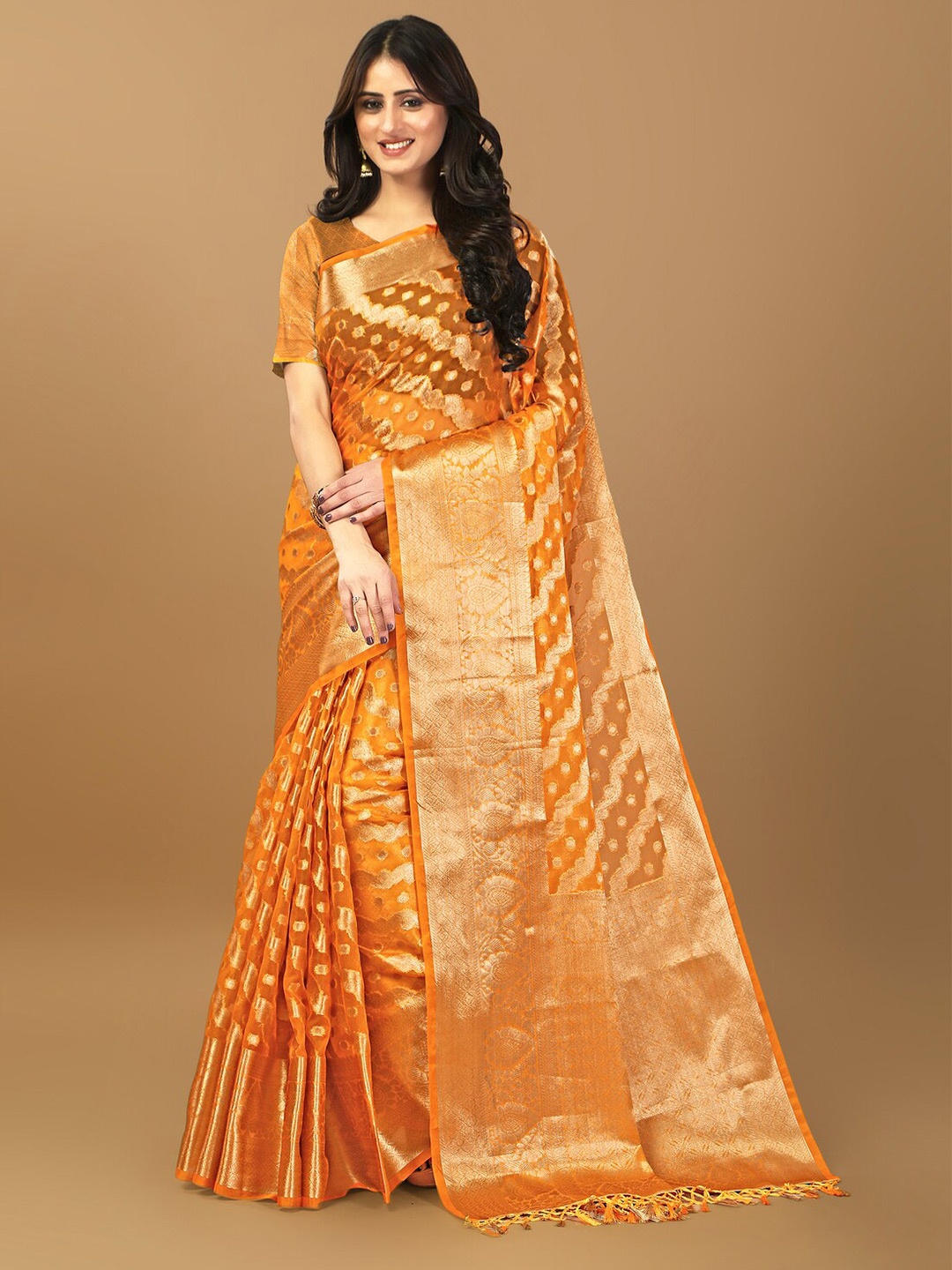 

ANISSA SAREE Ethnic Motifs Woven Design Zari Organza Banarasi Saree, Mustard