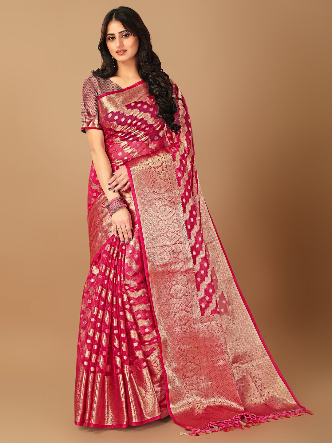 

ANISSA SAREE Ethnic Motifs Woven Design Zari Organza Banarasi Saree, Pink