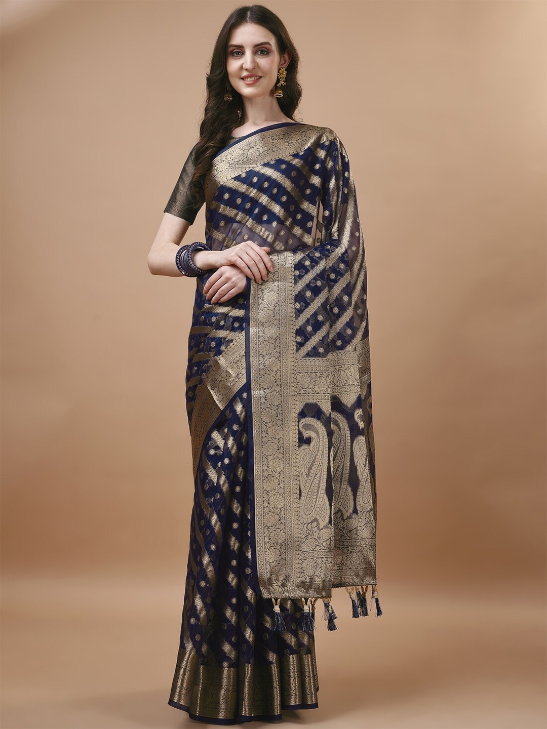 

ANISSA SAREE Ethnic Motifs Woven Design Zari Detailed Organza Banarasi Saree, Navy blue