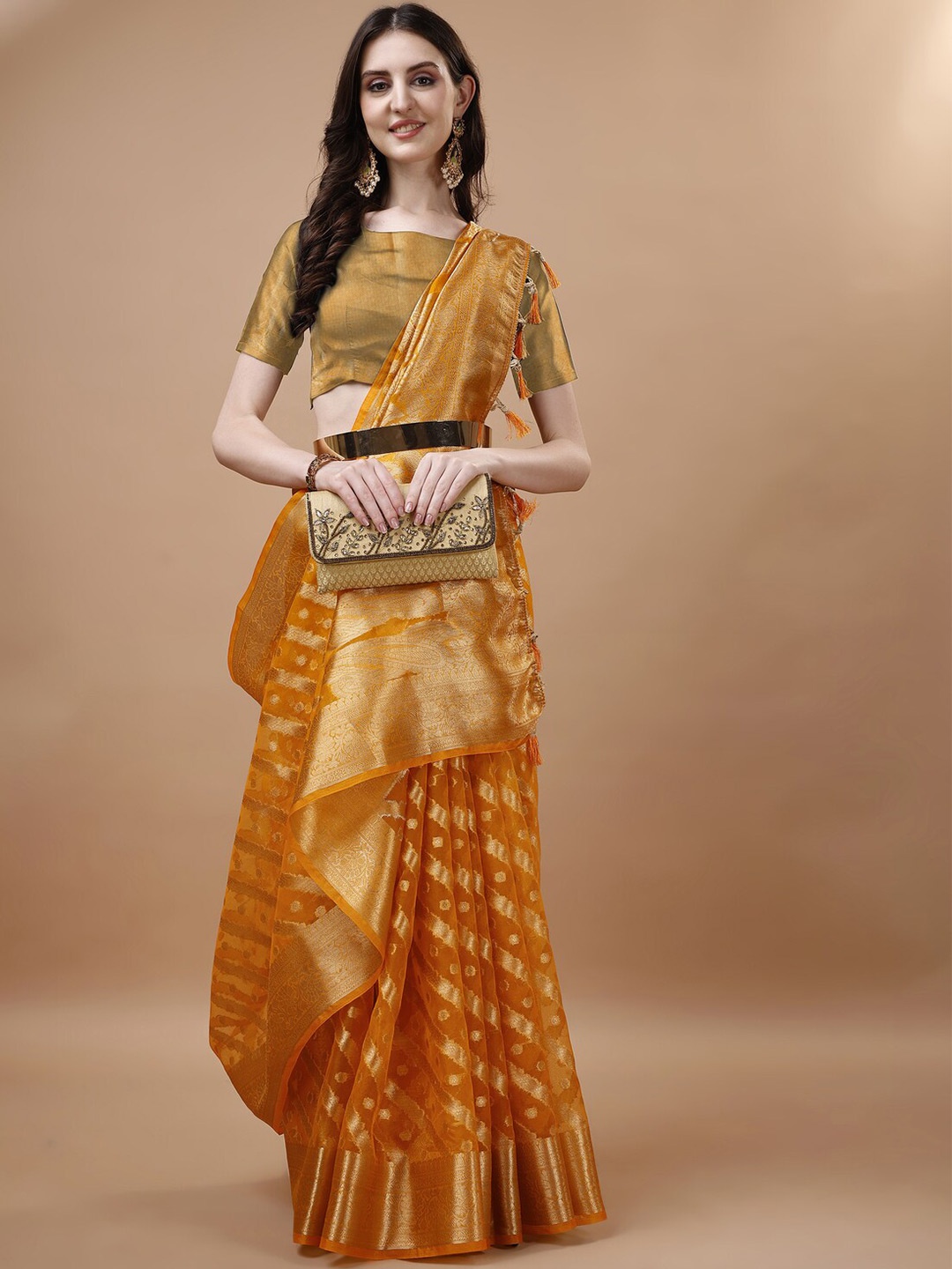 

ANISSA SAREE Ethnic Motifs Woven Design Zari Detailed Organza Banarasi Saree, Yellow