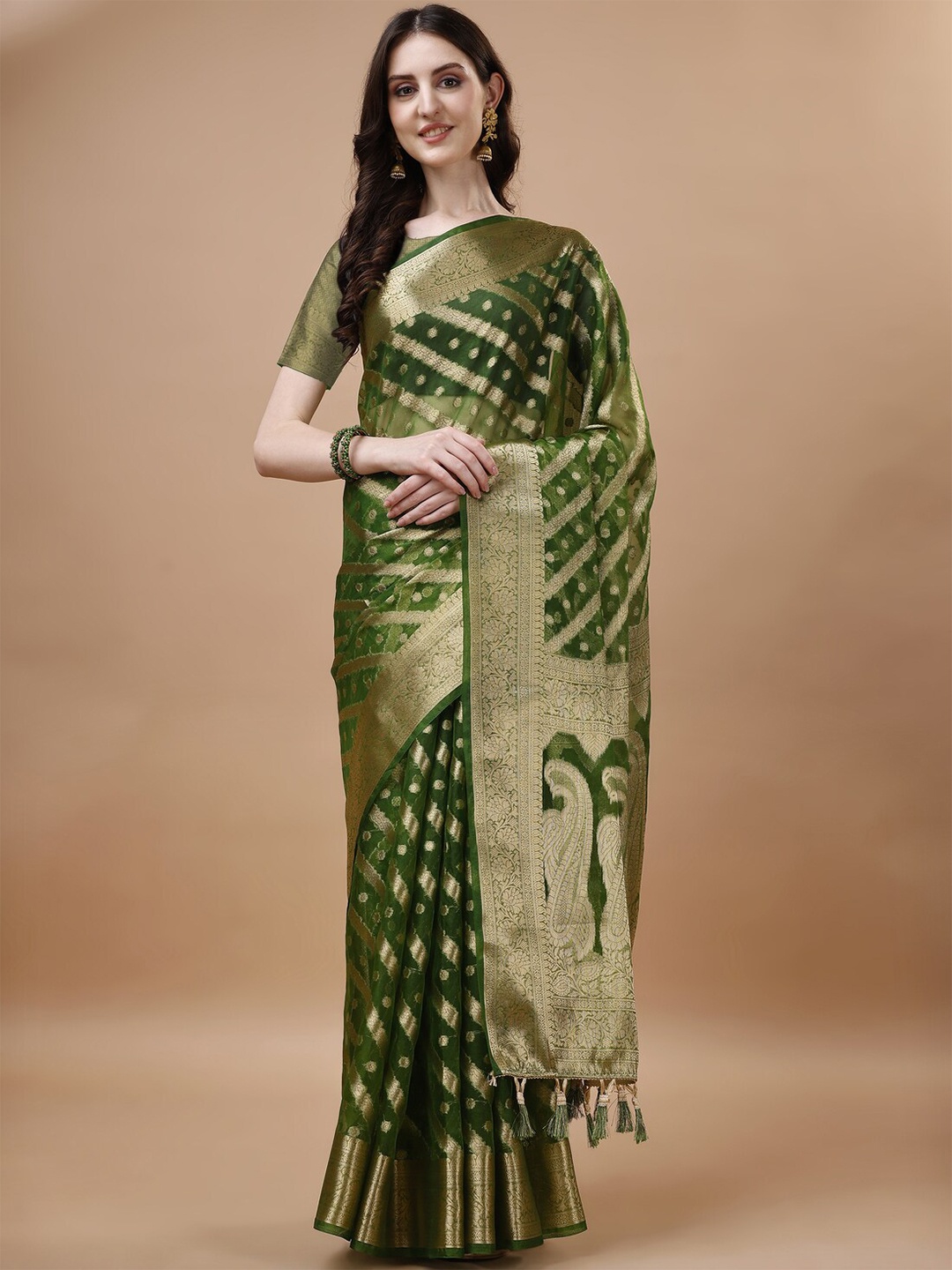 

ANISSA SAREE Ethnic Motifs Woven Design Zari Detailed Organza Banarasi Saree, Olive