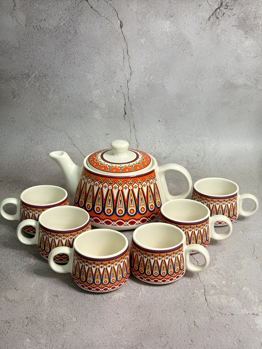 

House of Ceramics Red & Blue 7 Pieces Ethnic Motifs Printed Ceramic Glossy Kettle Set