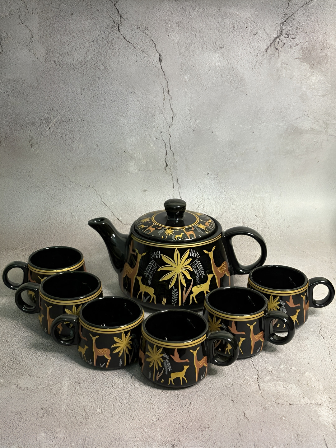 

House of Ceramics Black & Gold Toned 7 Pieces Deer Printed Ceramic Glossy Kettle Set
