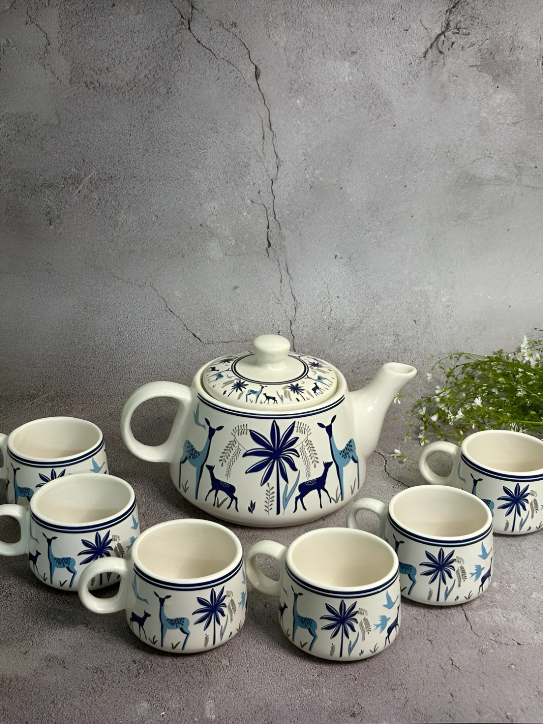 

House of Ceramics White & Blue 7 Pieces Floral Printed Ceramic Glossy Kettle Set