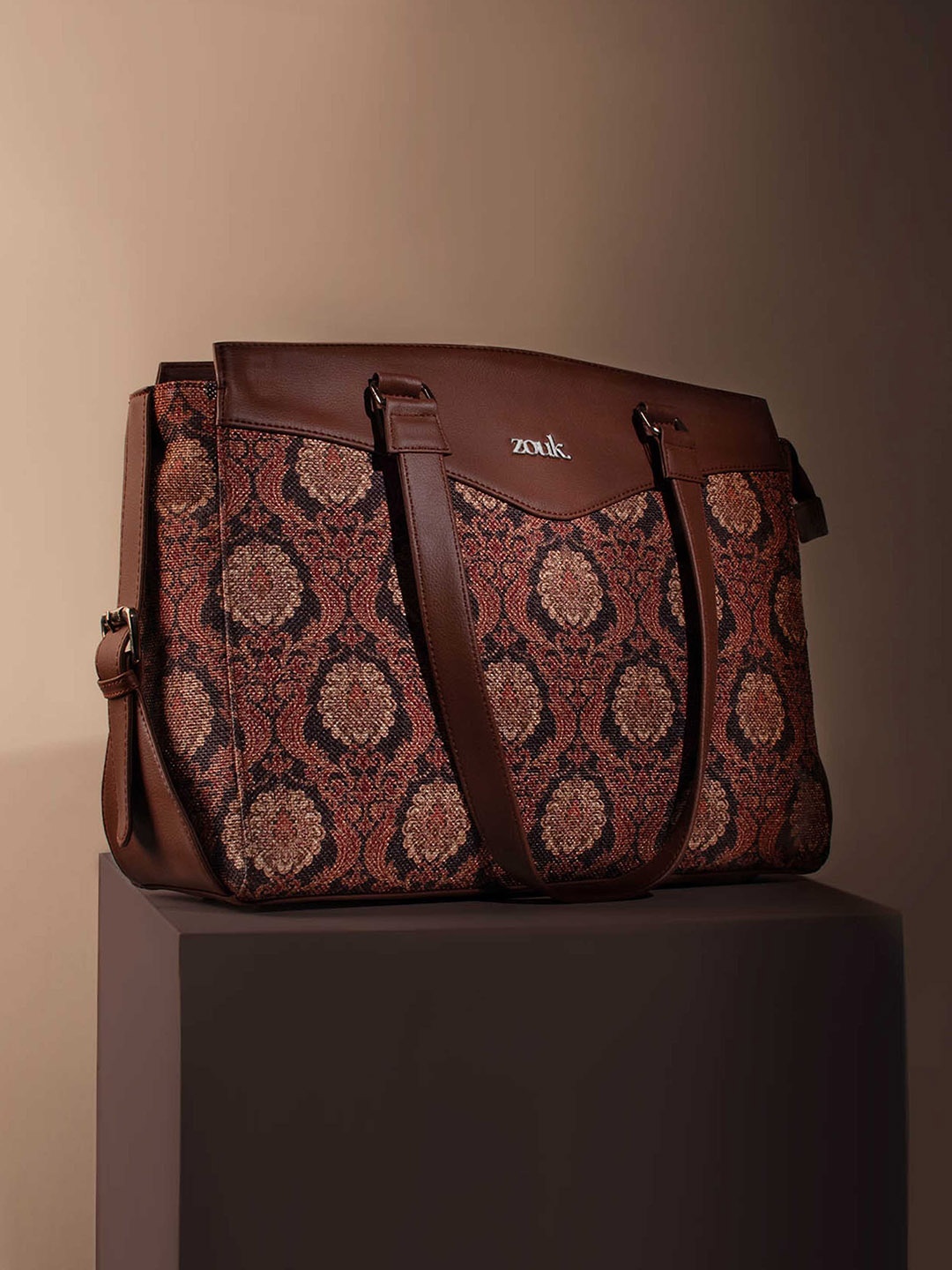 

ZOUK Jodhpur Damask Ethnic Motif Printed Structured Handheld Bag, Brown