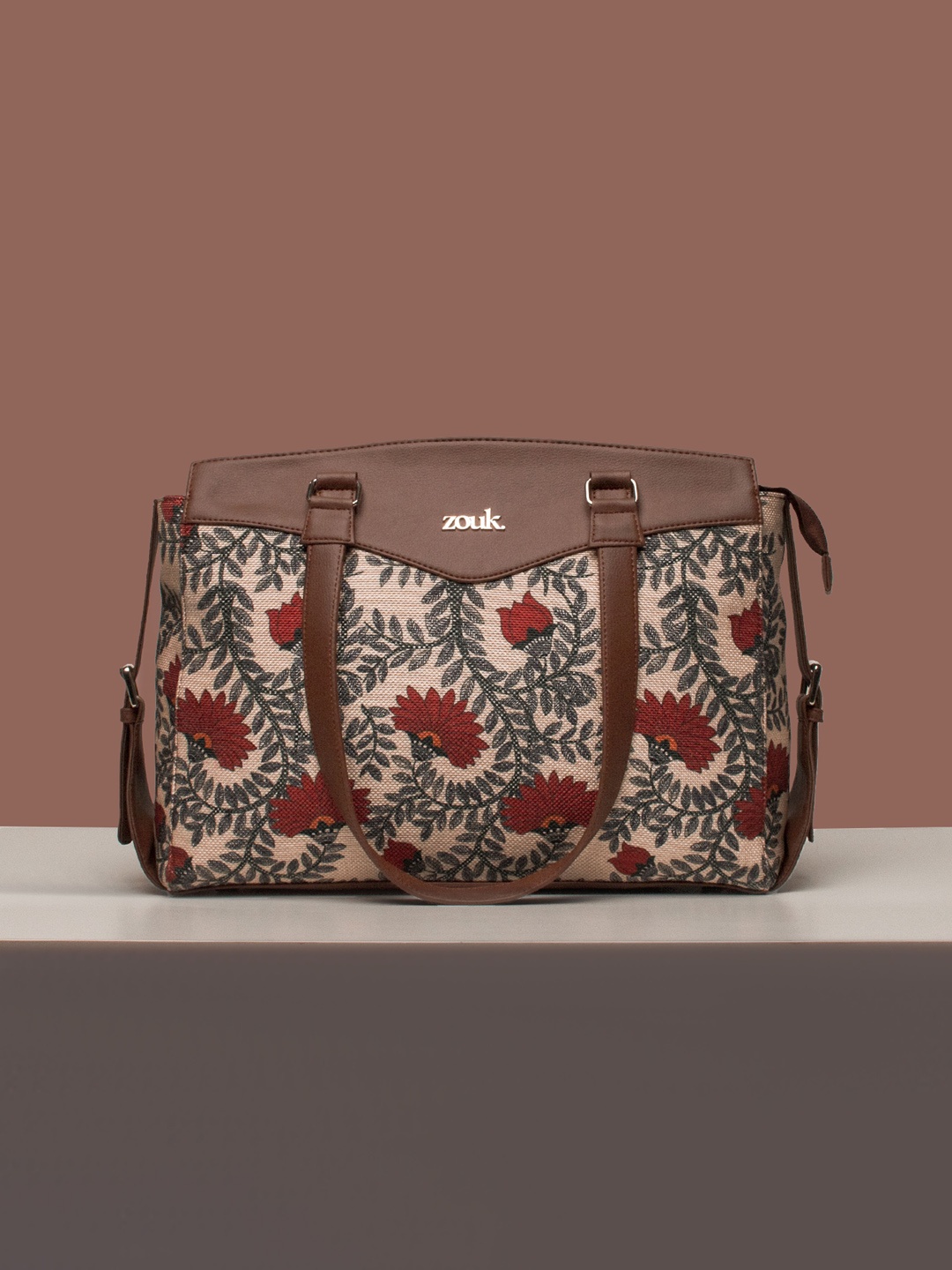 

ZOUK Nawabi Couture Floral Printed Structured Handheld Bag, Beige