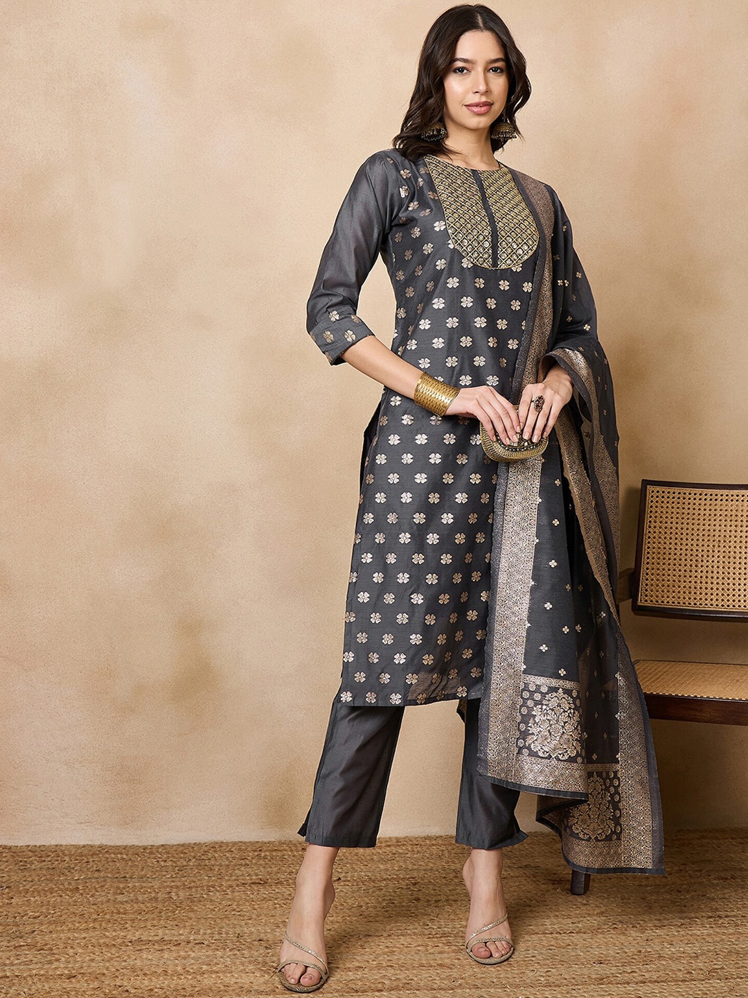 

SERONA FABRICS Floral Embroidered Sequinned Chanderi Silk Kurta & Trousers With Dupatta, Grey