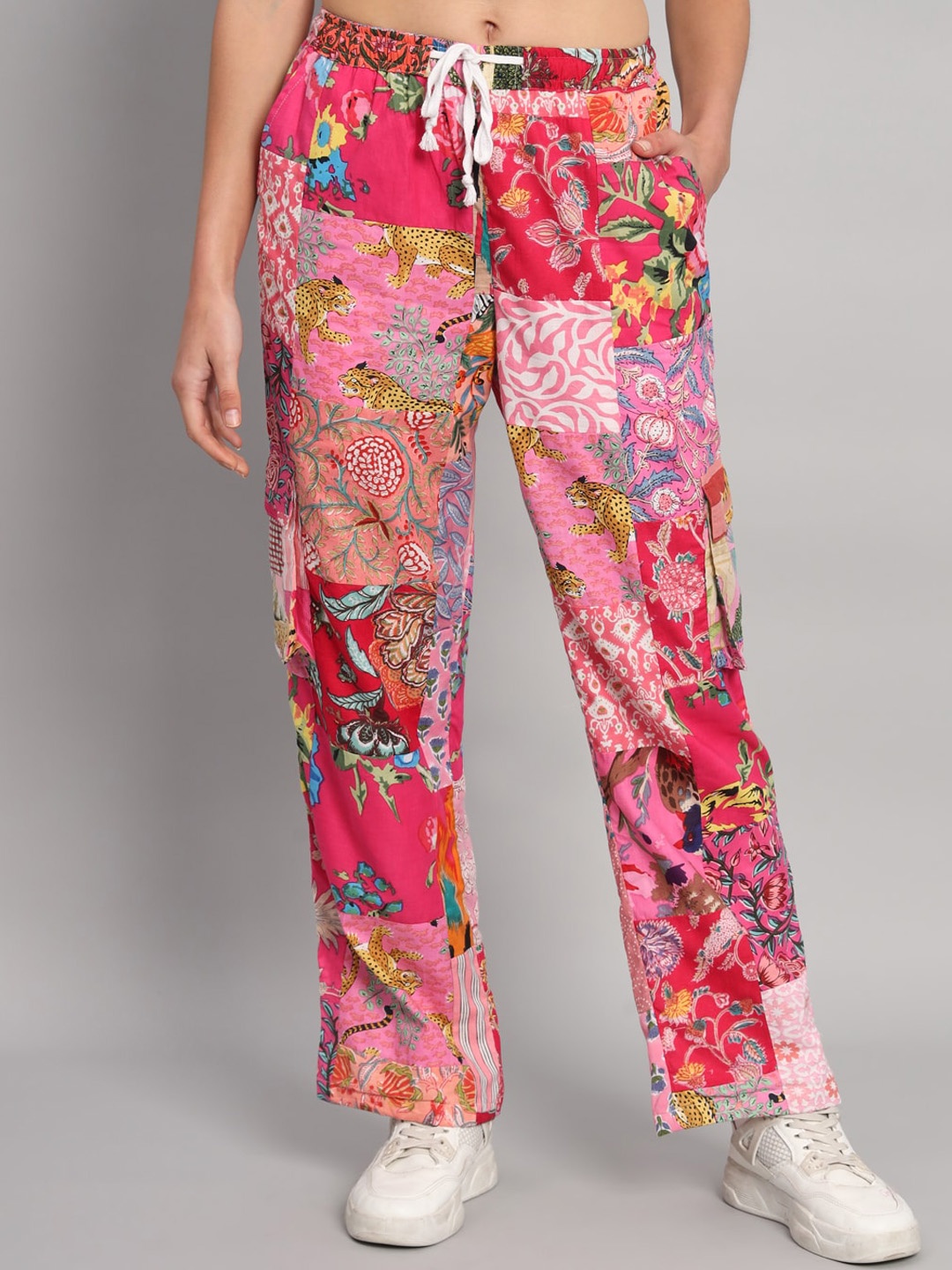 

HANDICRAFT PALACE Women Floral Printed Relaxed Straight Leg Loose Fit Easy Wash Trousers, Pink