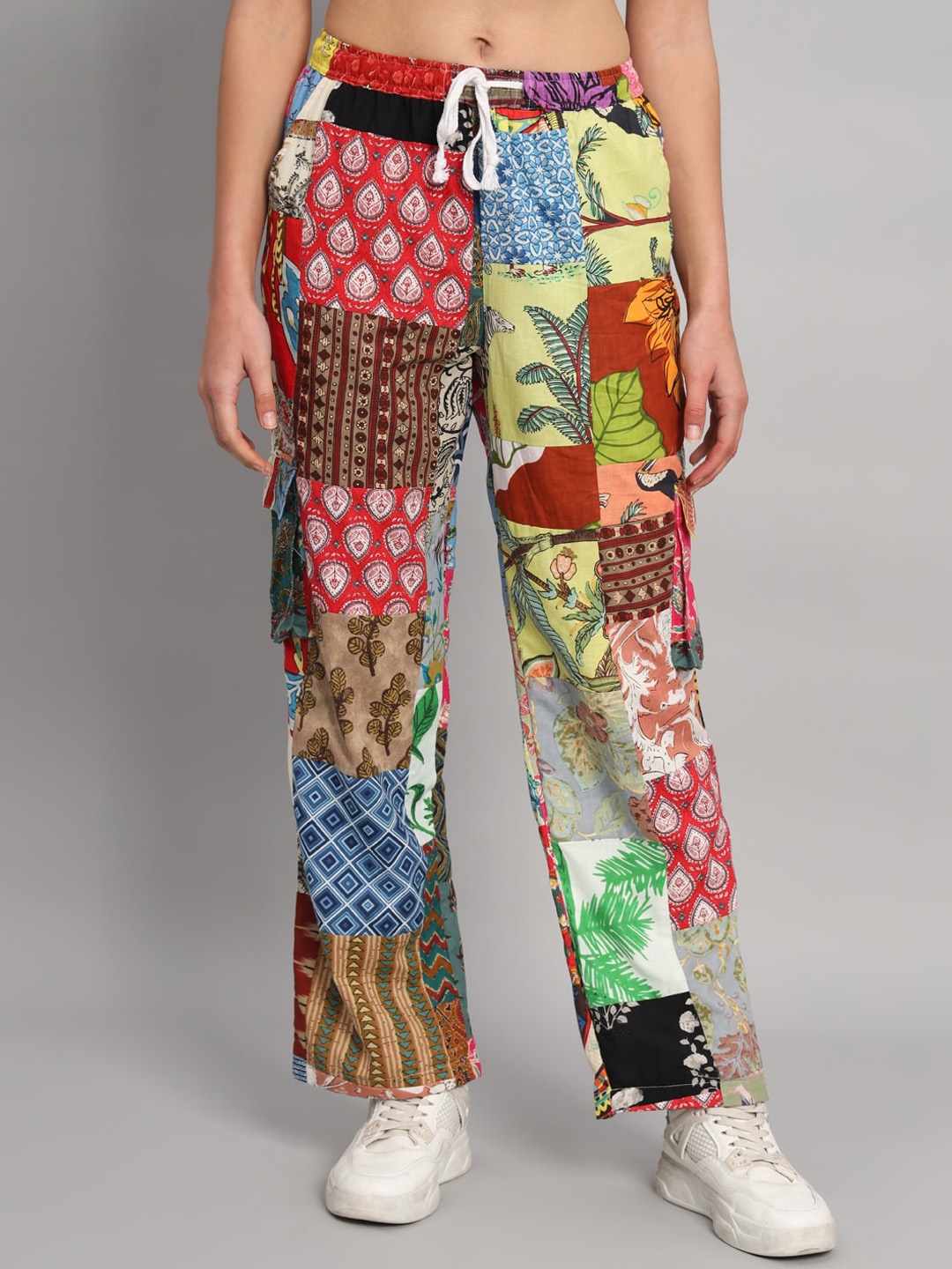 

HANDICRAFT PALACE Women Floral Printed Relaxed Straight Leg Loose Fit Easy Wash Trousers, Red