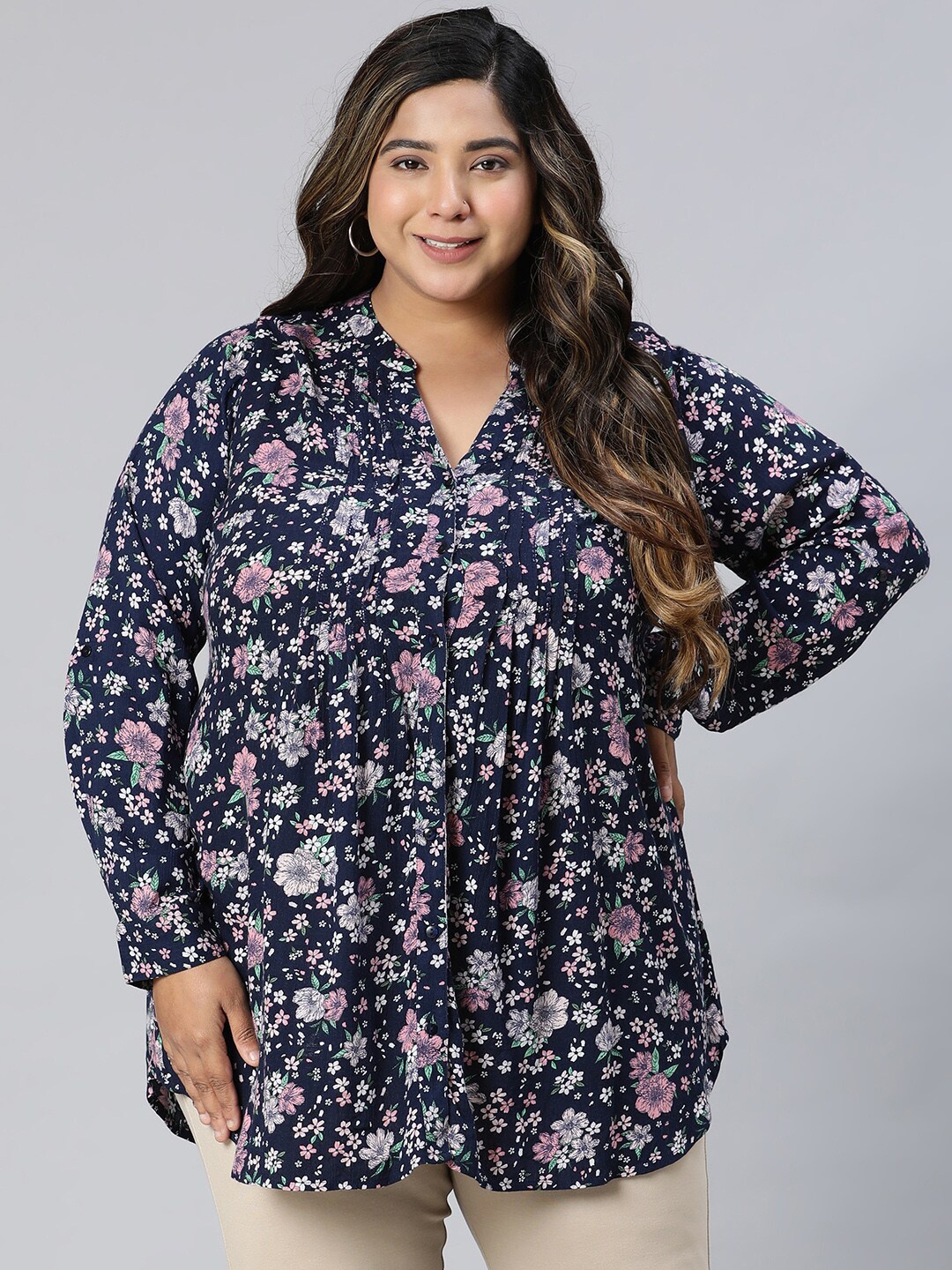 

Oxolloxo Plus Size Floral Printed V-neck Blouson Top With Tie-knot Belt, Navy blue
