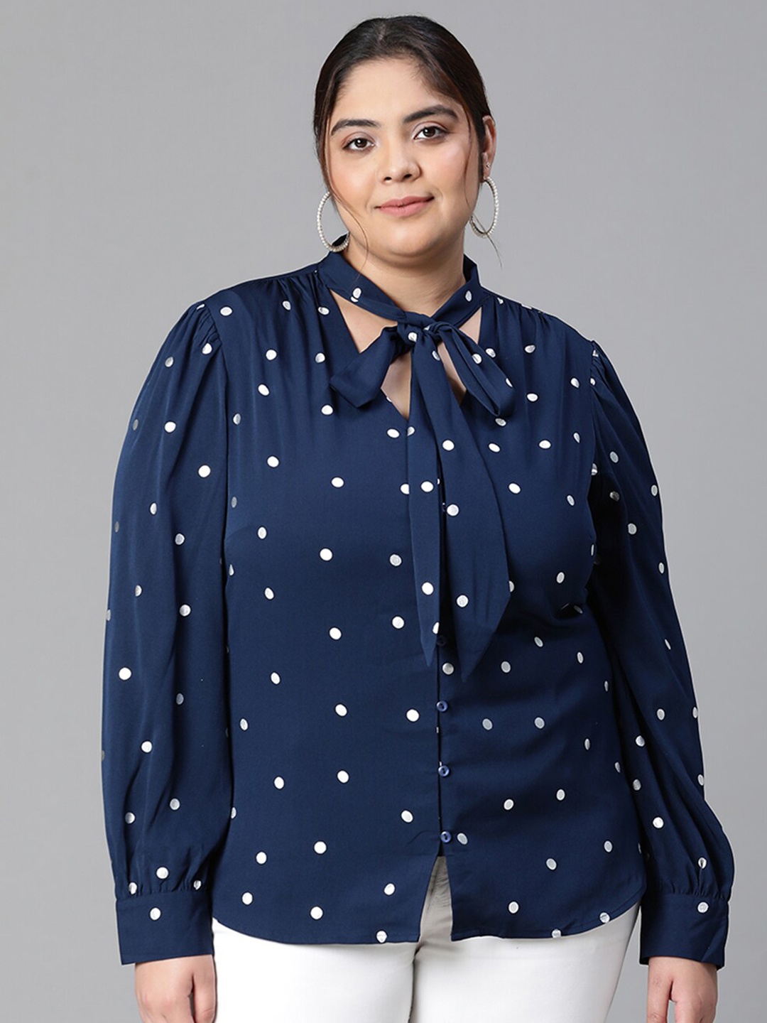 

Oxolloxo Plus Size Polka Dot Print Tie-Up Neck Top, Navy blue