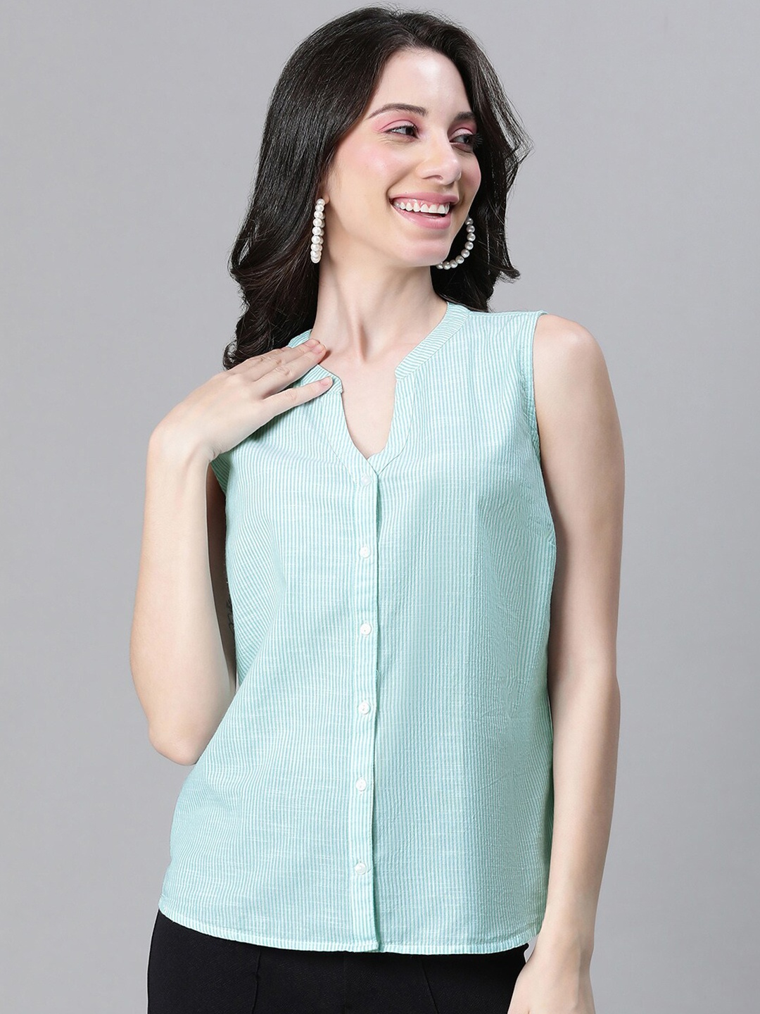 

Oxolloxo Mandarin Collar Organic Cotton Shirt Style Top, Blue