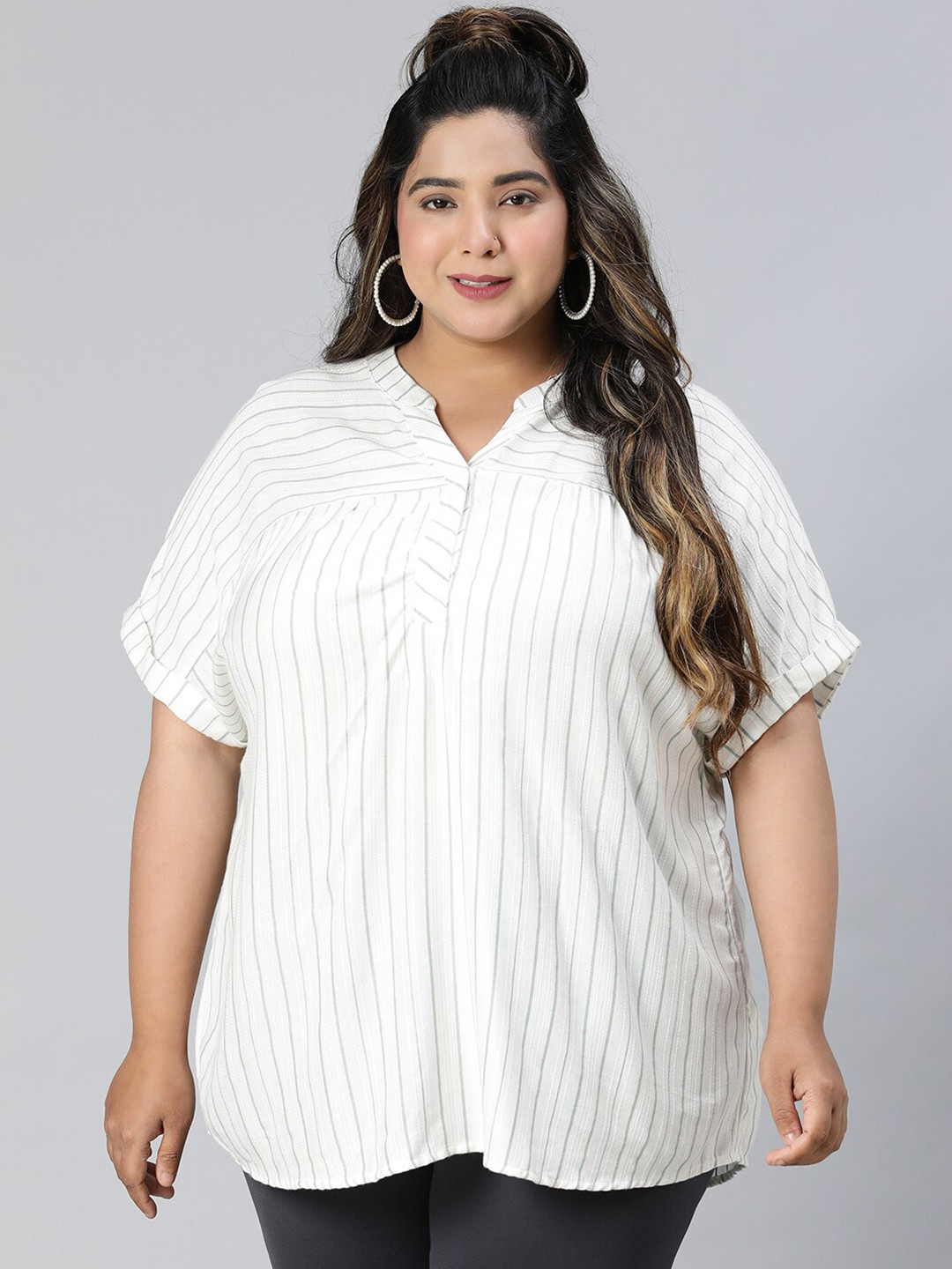 

Oxolloxo plus size Striped V-Neck Shirt Style Top, White