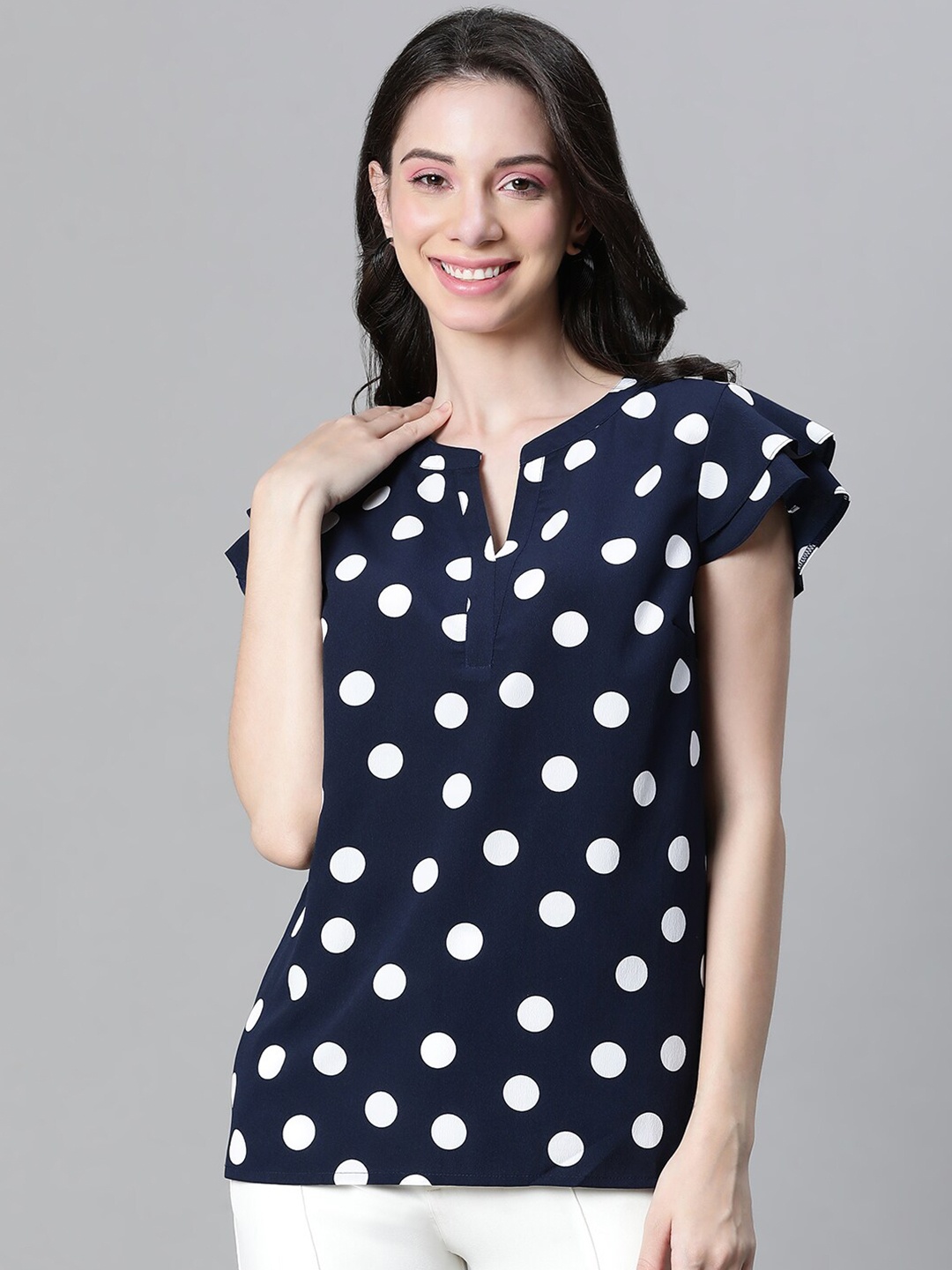 

Oxolloxo Polka Dot Printed Ruffles Top, Navy blue