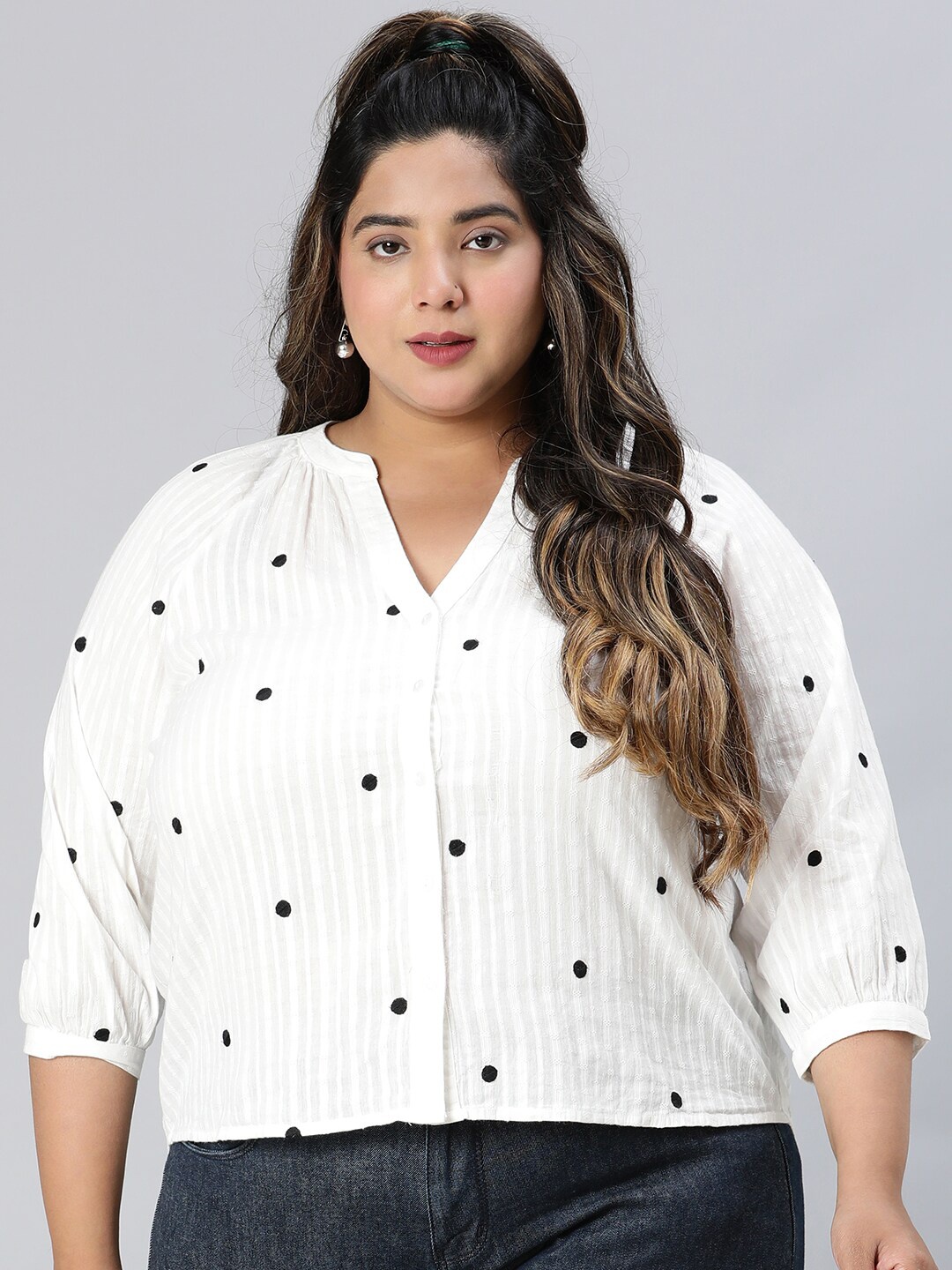 

Oxolloxo Plus Size Striped V-Neck Organic Cotton Shirt Style Top, White