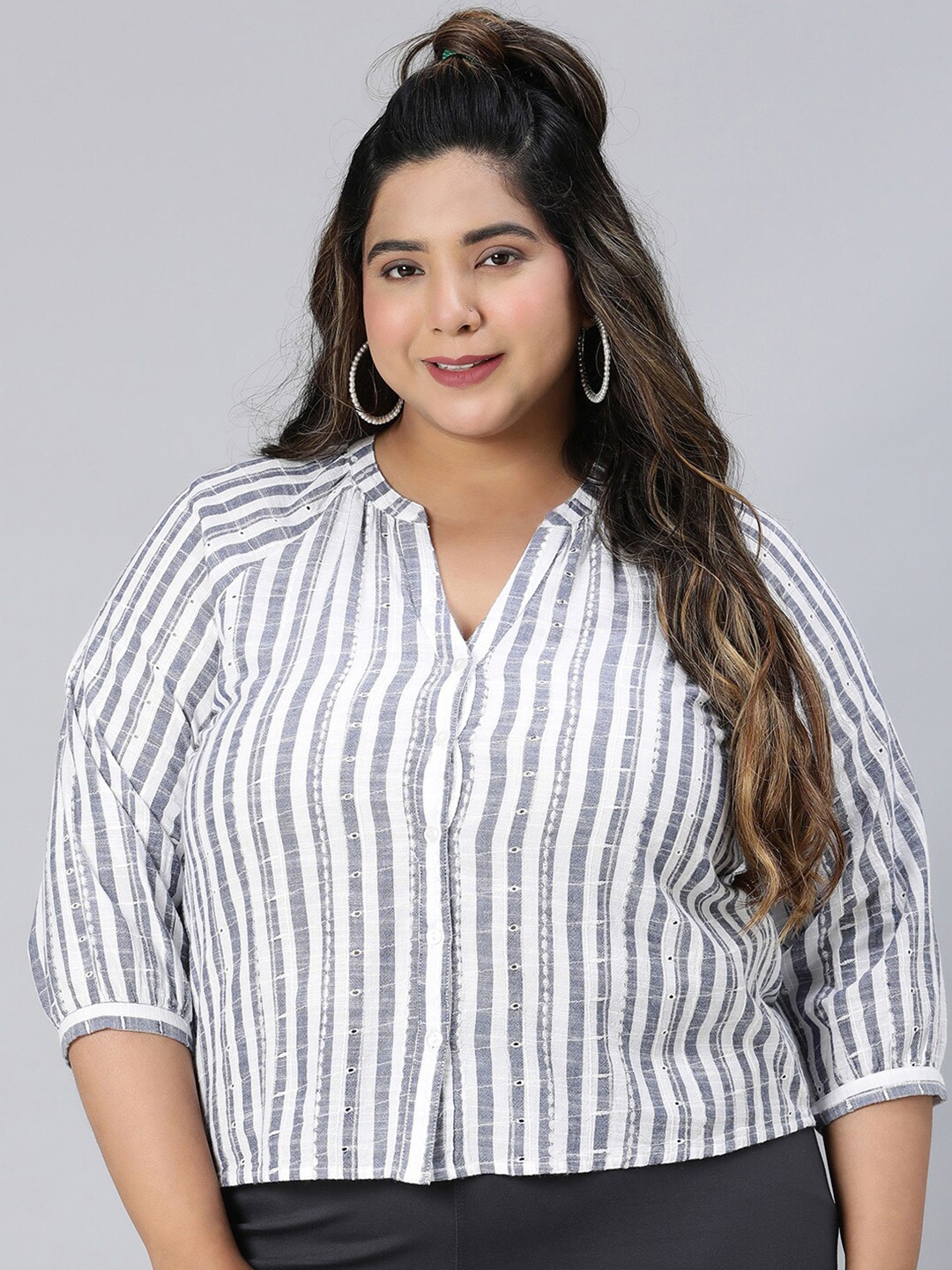 

Oxolloxo Plus Size Striped V-Neck Organic Cotton Shirt Style Top, Blue