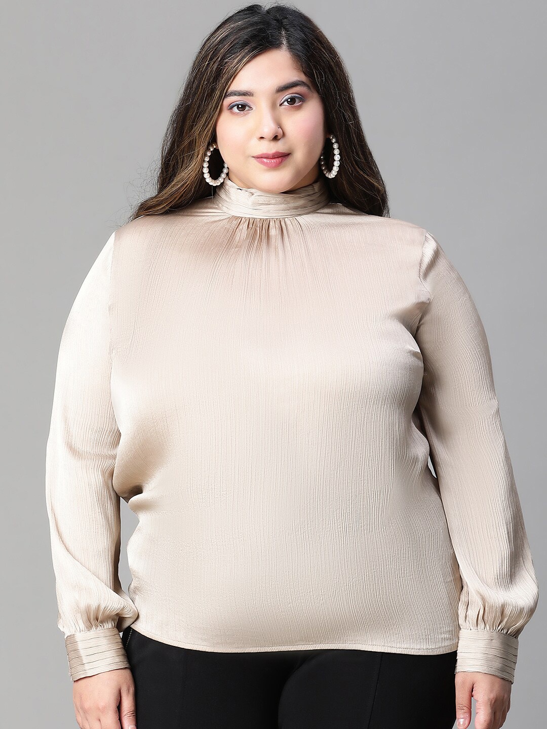

Oxolloxo Plus Size High Neck Pleated Top, Beige