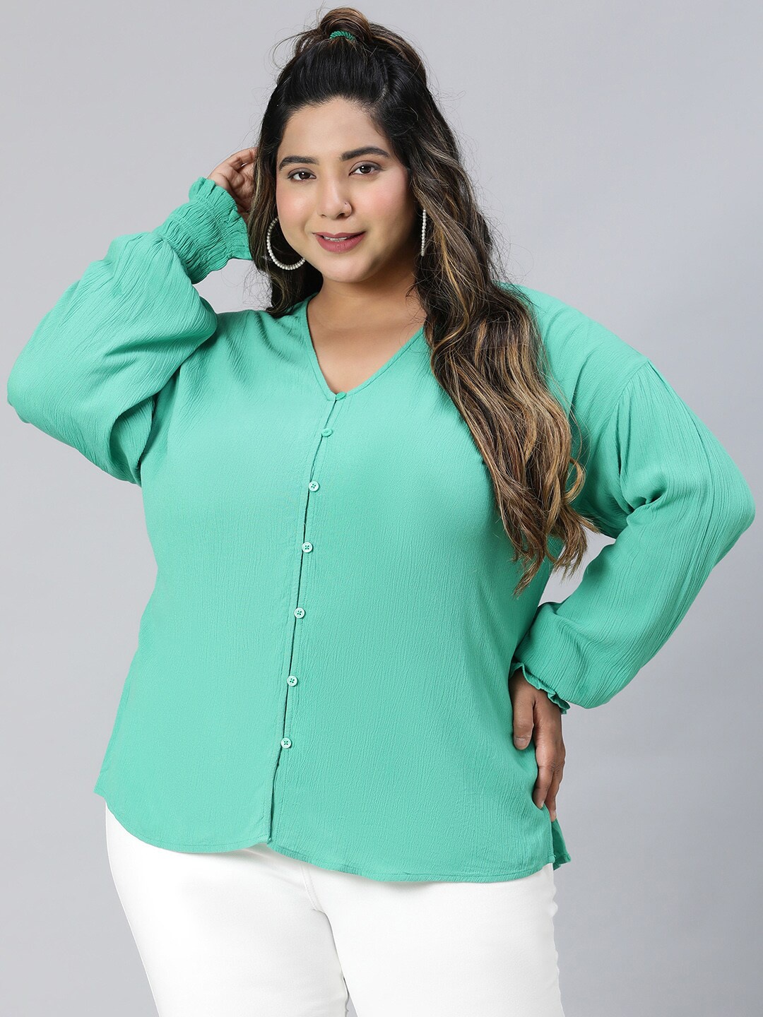 

Oxolloxo Plus Size V-neck Long Sleeve Buttoned Shirt Top, Green