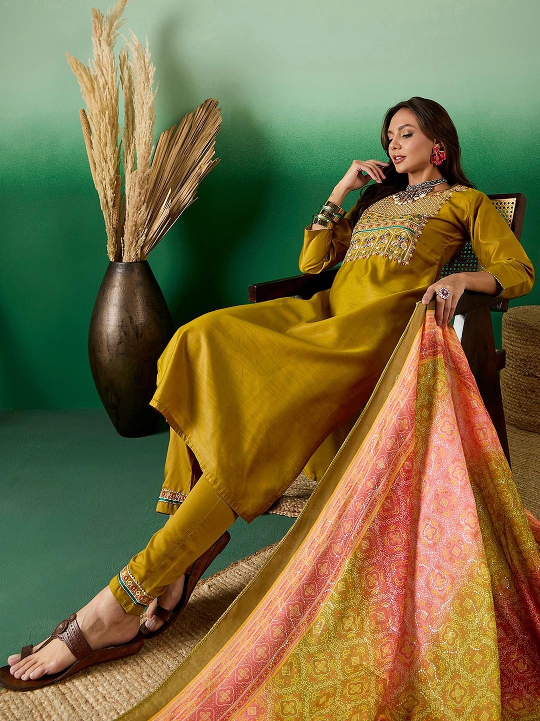 

Sangria Ethnic Motifs Embroidered Sequinned Straight Kurta With Trousers & Dupatta, Mustard