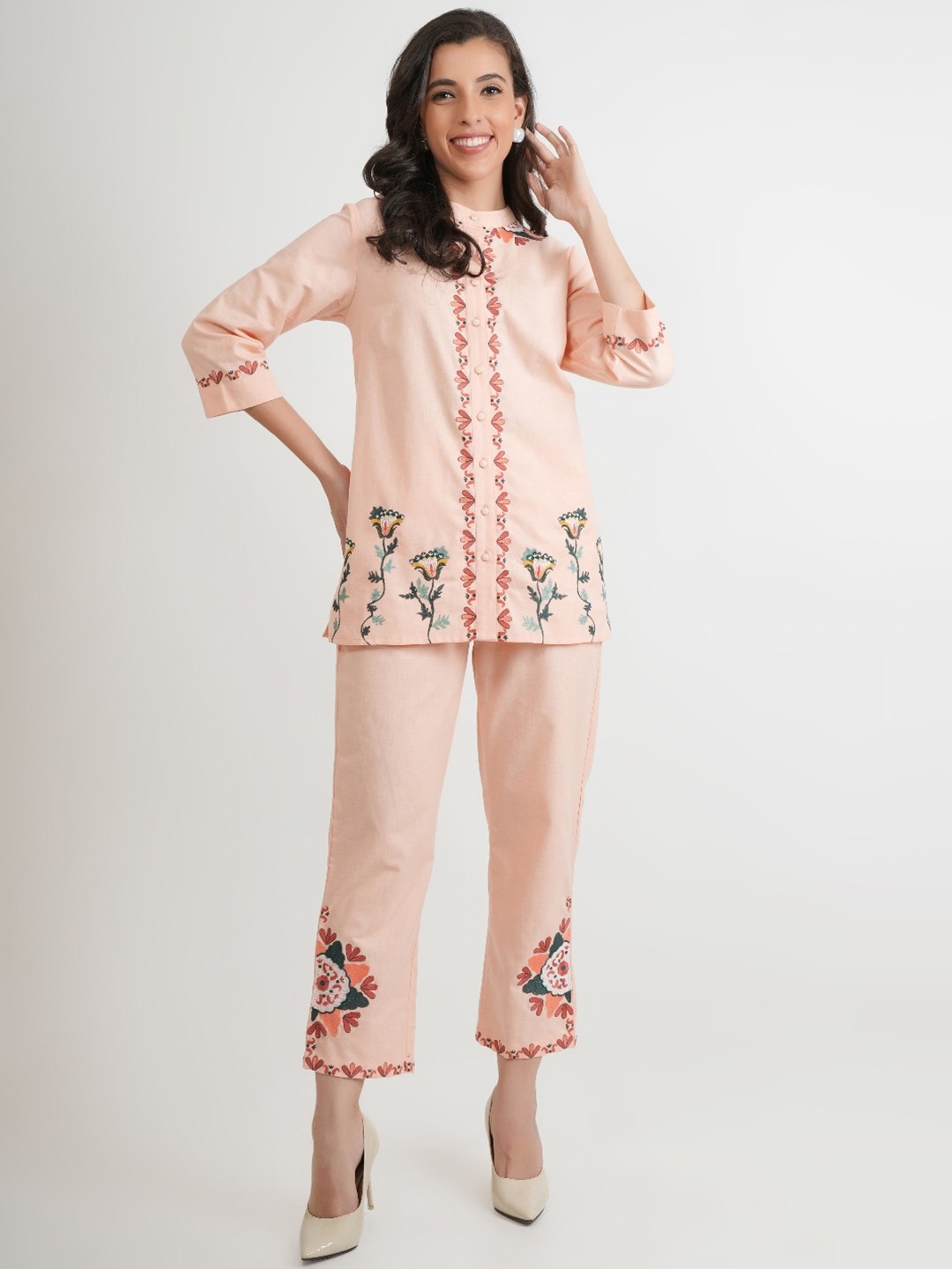 

Dora Dori Floral Embroidered Band Collar Cotton Linen Tunic & Trouser, Peach