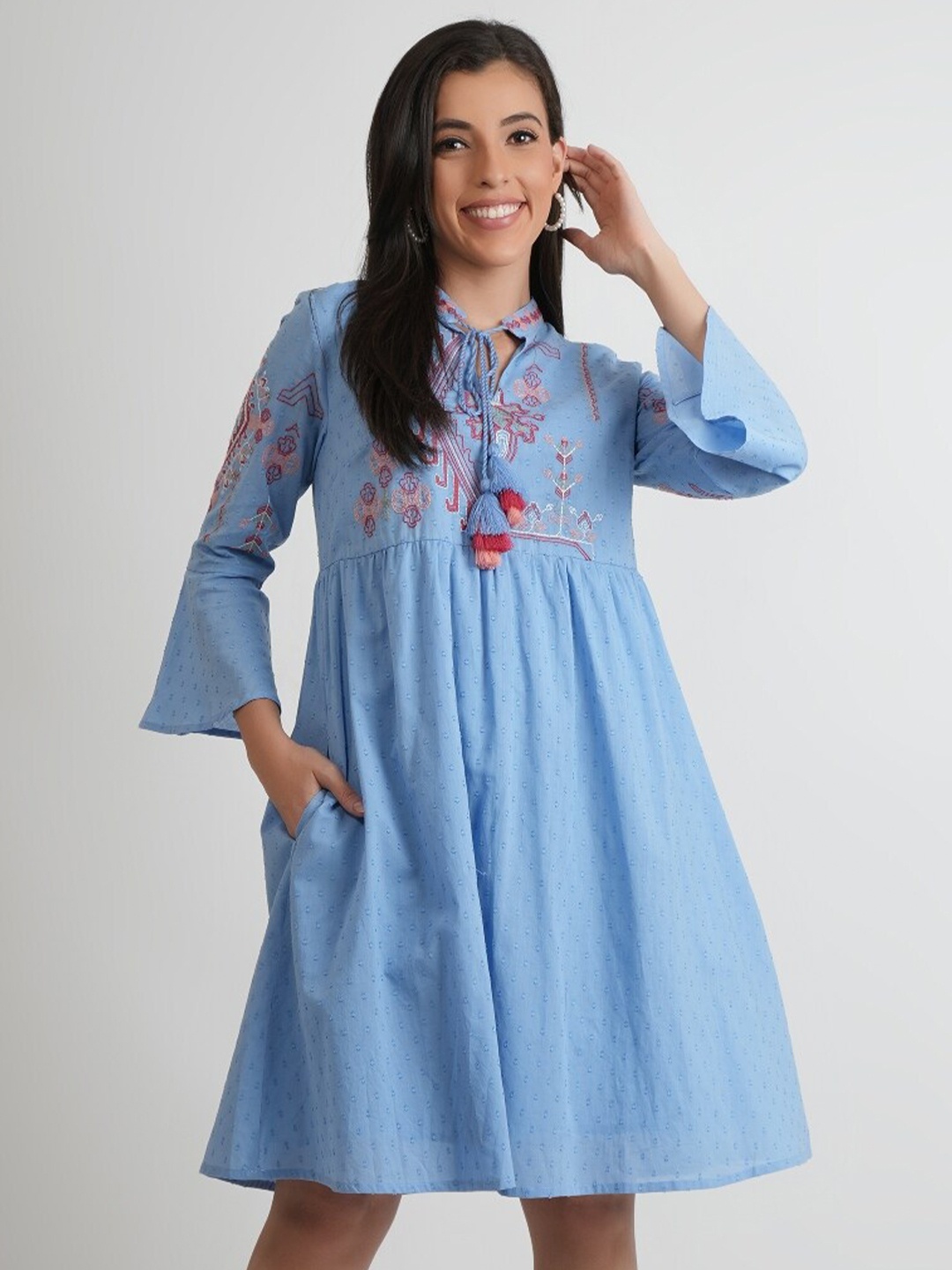

Dora Dori Floral Bell Sleeve Cotton Fit & Flare Dress, Blue