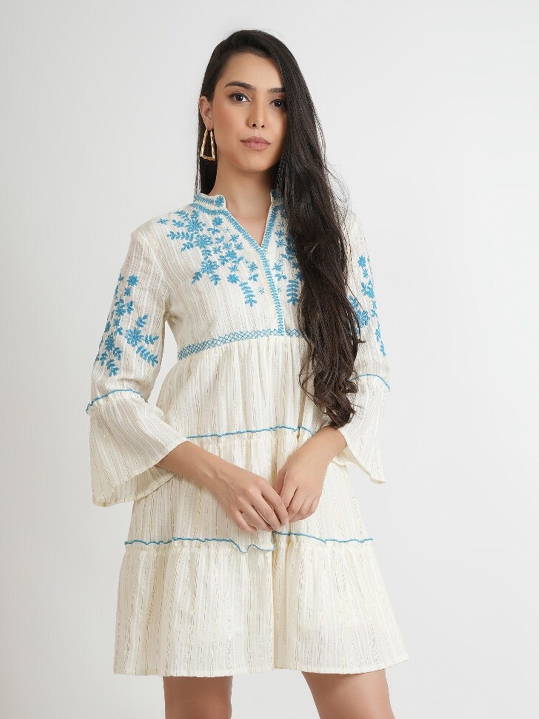 

Dora Dori Floral Embroidery Flared Sleeve Cotton Fit & Flare Dress, Off white