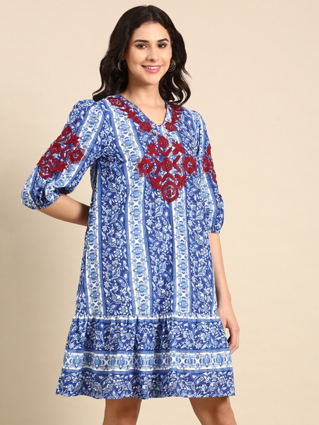 

Dora Dori Ethnic Motifs Print Puff Sleeve Cotton A-Line Dress, Blue