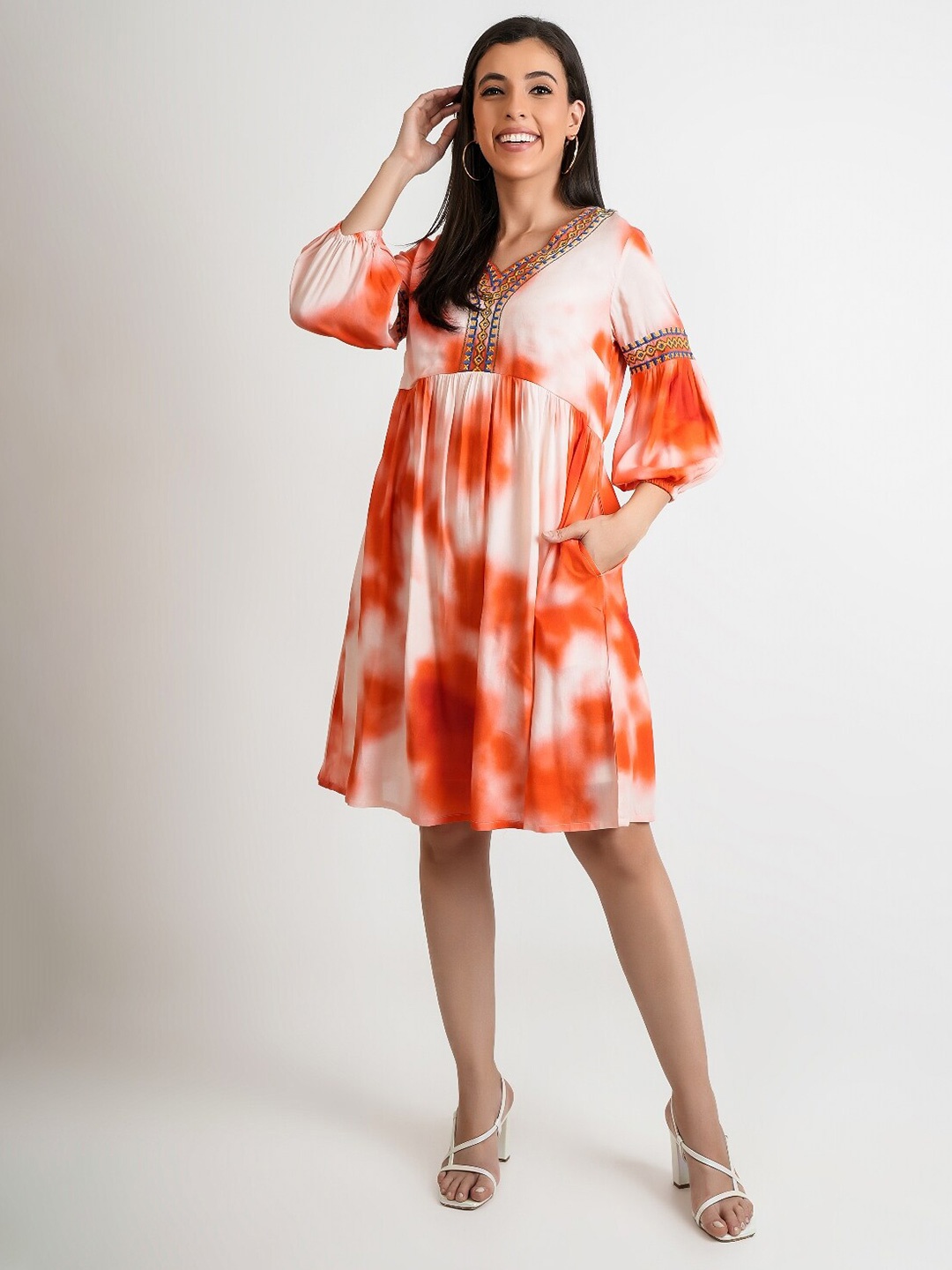 

Dora Dori Tie and Dye Dyed Flared Sleeve Fit & Flare Dress, Orange