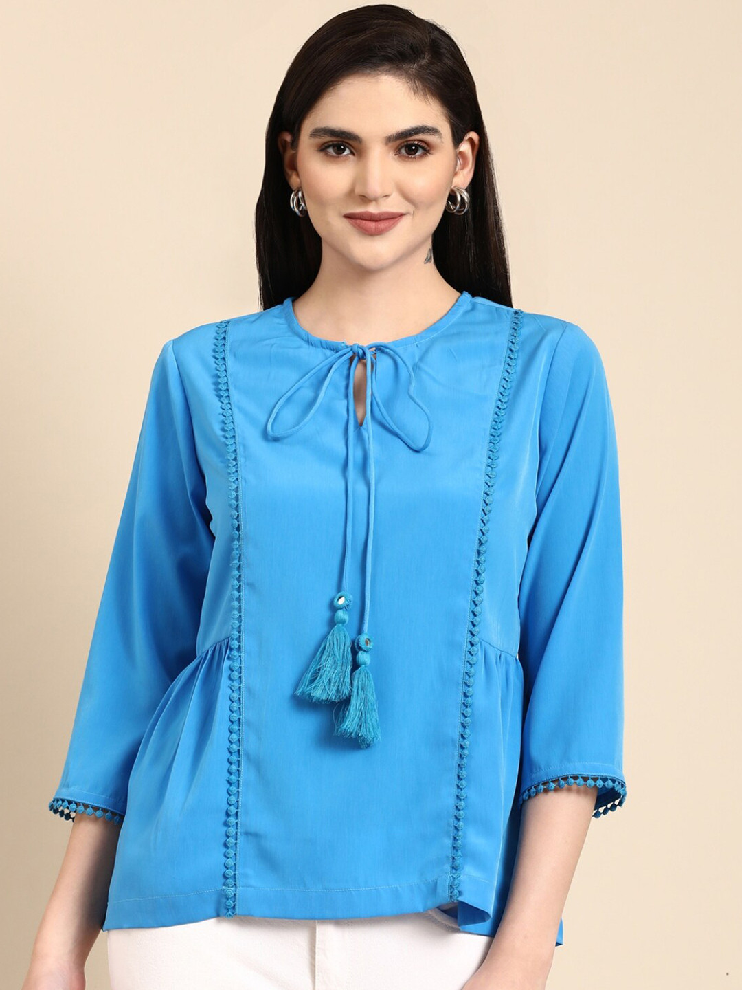 

Dora Dori Tie-Up Neck Three-Quarter Sleeves Satin Lace Top, Blue