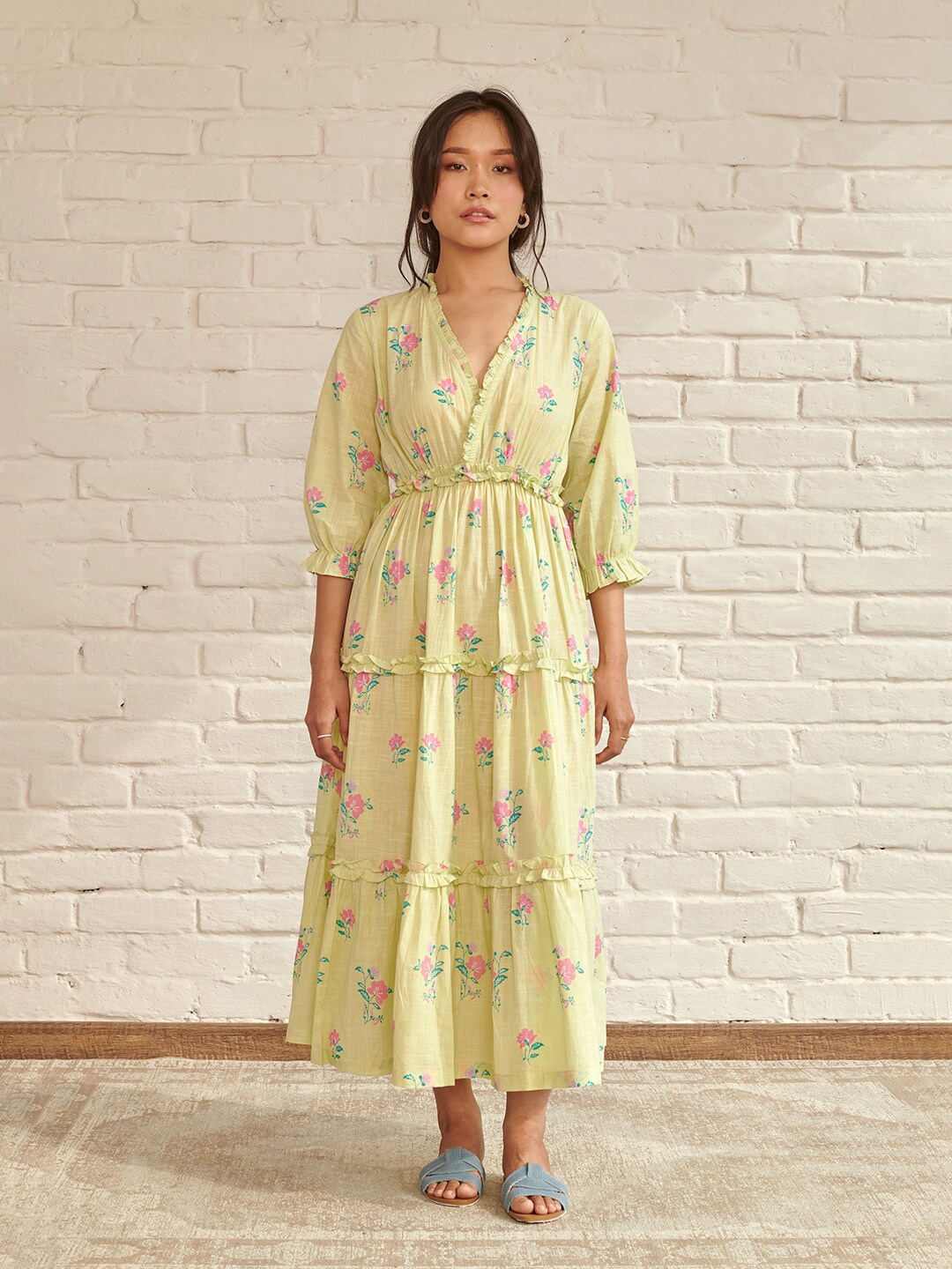 

Prakriti Jaipur Floral Prined Puff Sleeve Fit & Flare Cotton Dress, Green