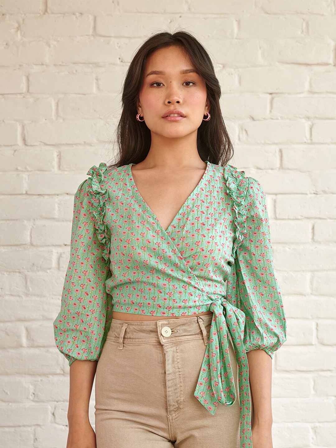 

Prakriti Jaipur Floral Printed Wrap Around V-Neck Tops, Green