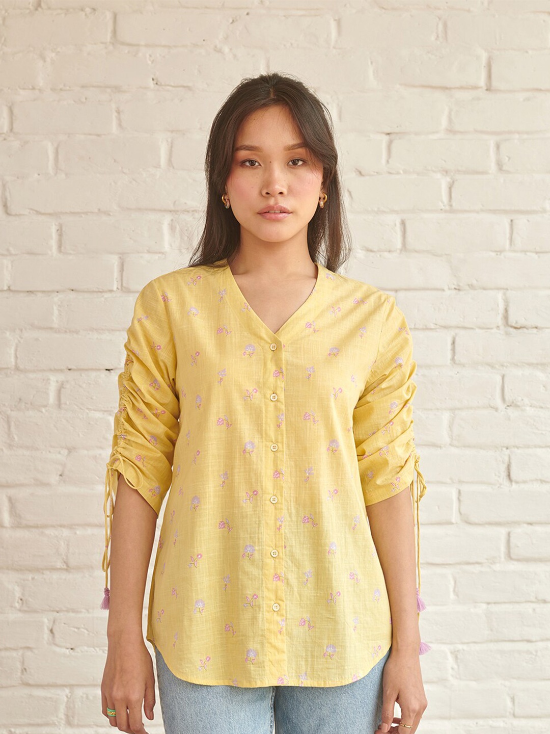 

Prakriti Jaipur Floral Print Cotton Shirt Style Top, Yellow