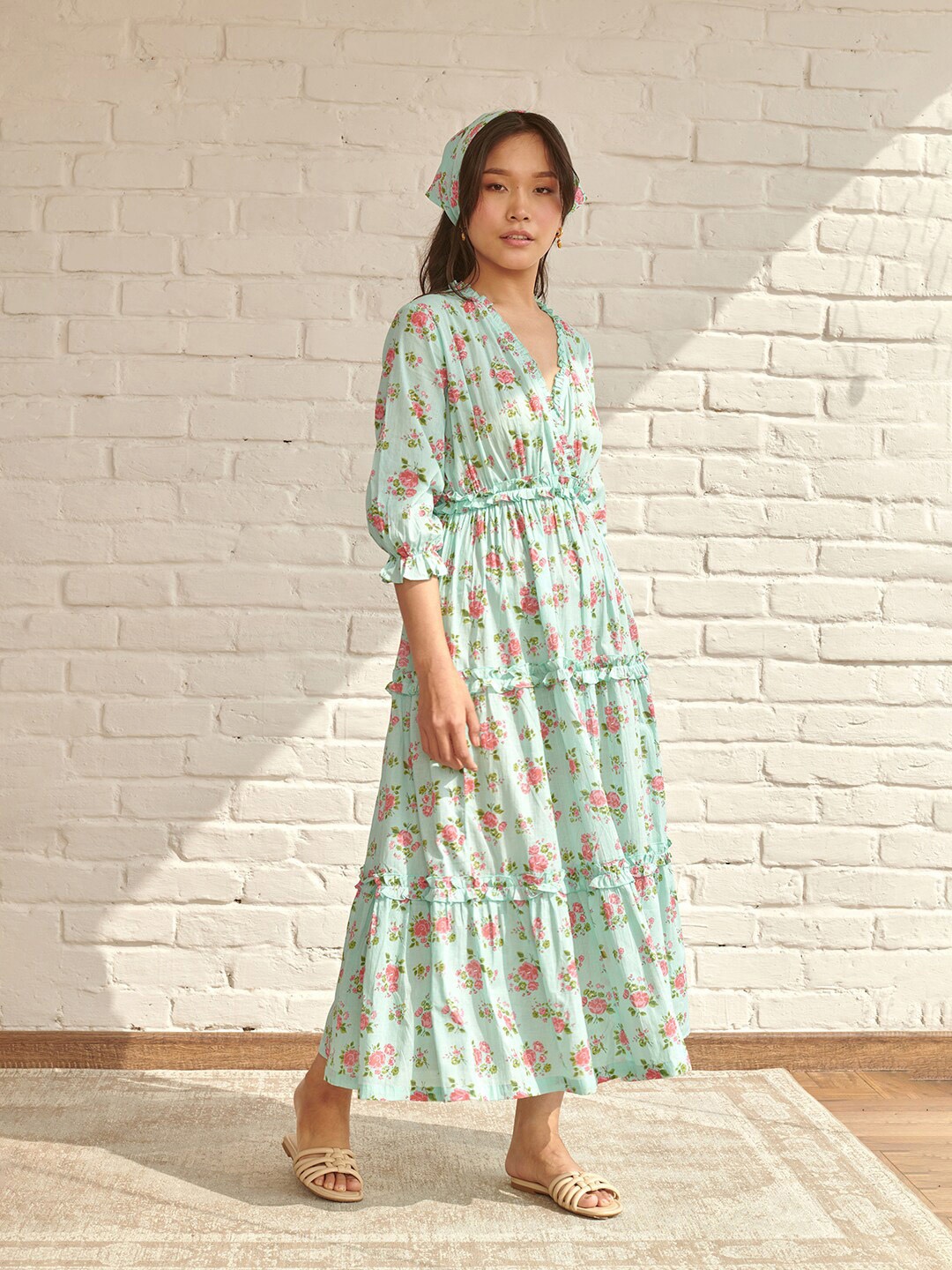 

Prakriti Jaipur Floral Printed Cotton A-Line Dress, Blue