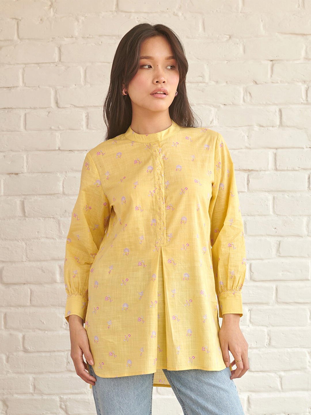 

Prakriti Jaipur Ethnic Motifs Printed Embroidered Detailed Mandarin Collar Cotton Tunic, Yellow