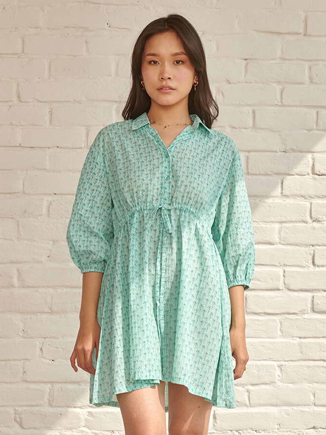 

Prakriti Jaipur Floral Printed Cotton A-Line Dress, Blue